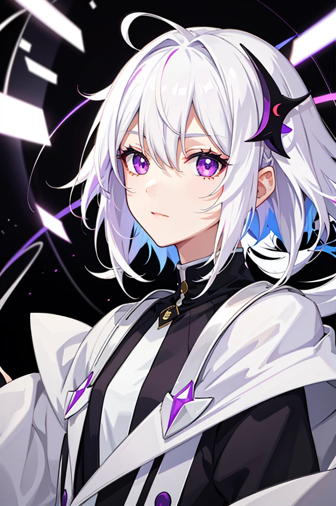 1girl, white hair, multicolored hair, purple eyes, mask on head, sidelighting, light particles, wallpaper,
