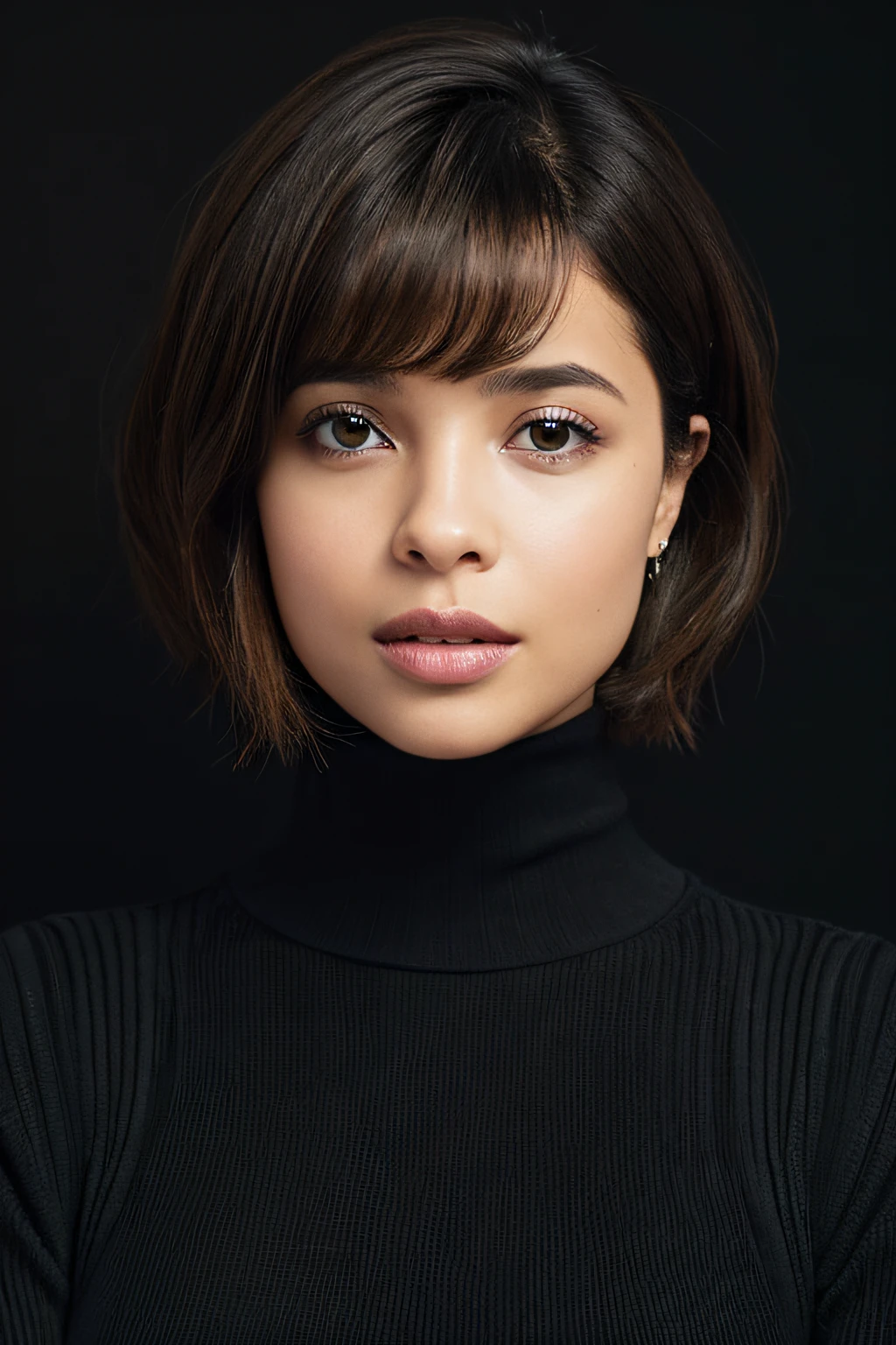 ((black backgrounds、Black theme))、An arafe woman wearing a black turtleneck sweater and a black jacket, Portrait Sophie Mudd, selfie of a young woman, Tessa Thompson's inspiration, with professional makeup, glowy, profile image, sexy face with full makeup, detailed flawless face, sultry expression, Perfectly lit face, headshot profile photo, bright skin, ayahausca, with brown skin、Shortcut Hair、a short bob、(drooping bangs)