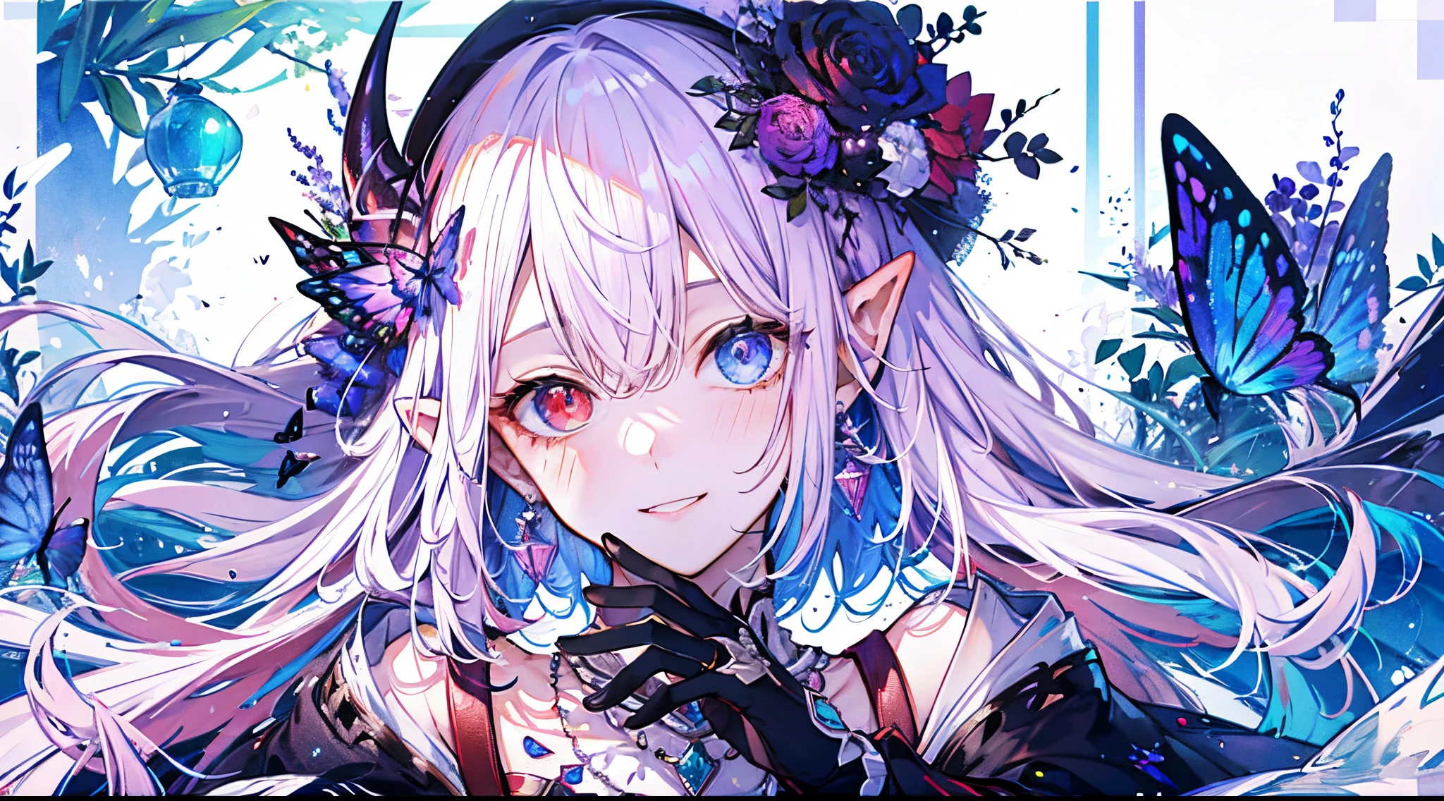 ((tmasterpiece:1.4,Best quality))+,(hyper-detailing)+,(Ultra-detailed eyes)+,(pointy ears:1.5),
(cute girls),15year old,(Purple heterochromic pupils:1.15),Light red gradient long hair,long braid,Bushy hair(wariza:1.2),pale-skinned,ssmile,a seductive smile,Red rhombus crystal on forehead
(She is wearing a conservative blue lavender dress,red pattern,lacing:1.5),(Red gloves:1.4)The sleeves are long,straw hat,crystal earrings,merfolk,The corals,Menghua,gem jewelry,Ocean of fish and trees,black dragon horns,Conch headdress,glowing butterflies,pearls necklace
(Fishtail:1.1),
(dawn light:1.2),
(Thick black and white:1.16),(depth of fields:1.4),,Complicated details,