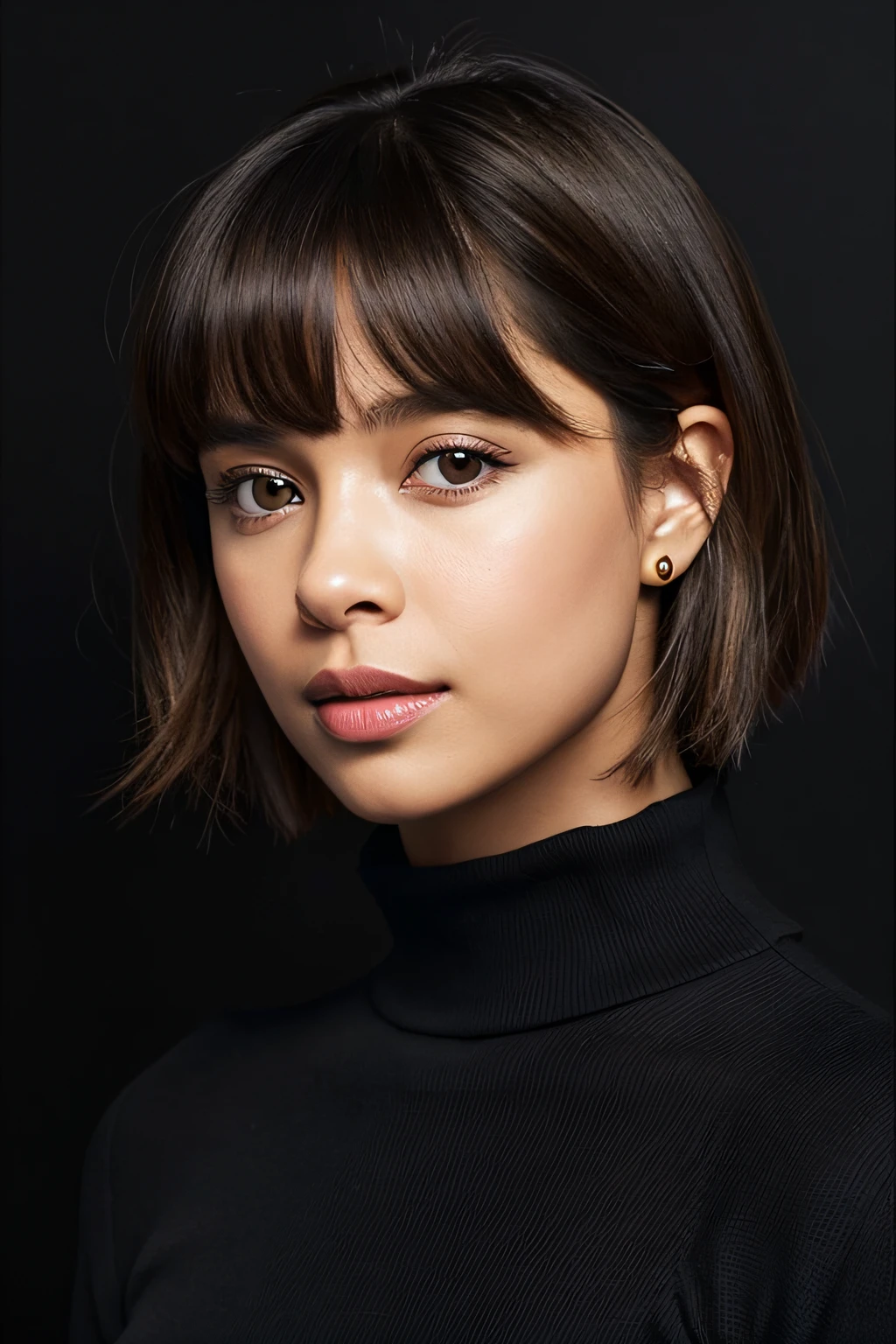 ((black backgrounds、Black theme))、An arafe woman wearing a black turtleneck sweater and a black jacket, Portrait Sophie Mudd, selfie of a young woman, Tessa Thompson's inspiration, with professional makeup, glowy, profile image, sexy face with full makeup, detailed flawless face, sultry expression, Perfectly lit face, headshot profile photo, bright skin, ayahausca, with brown skin、Shortcut Hair、a short bob、(drooping bangs)