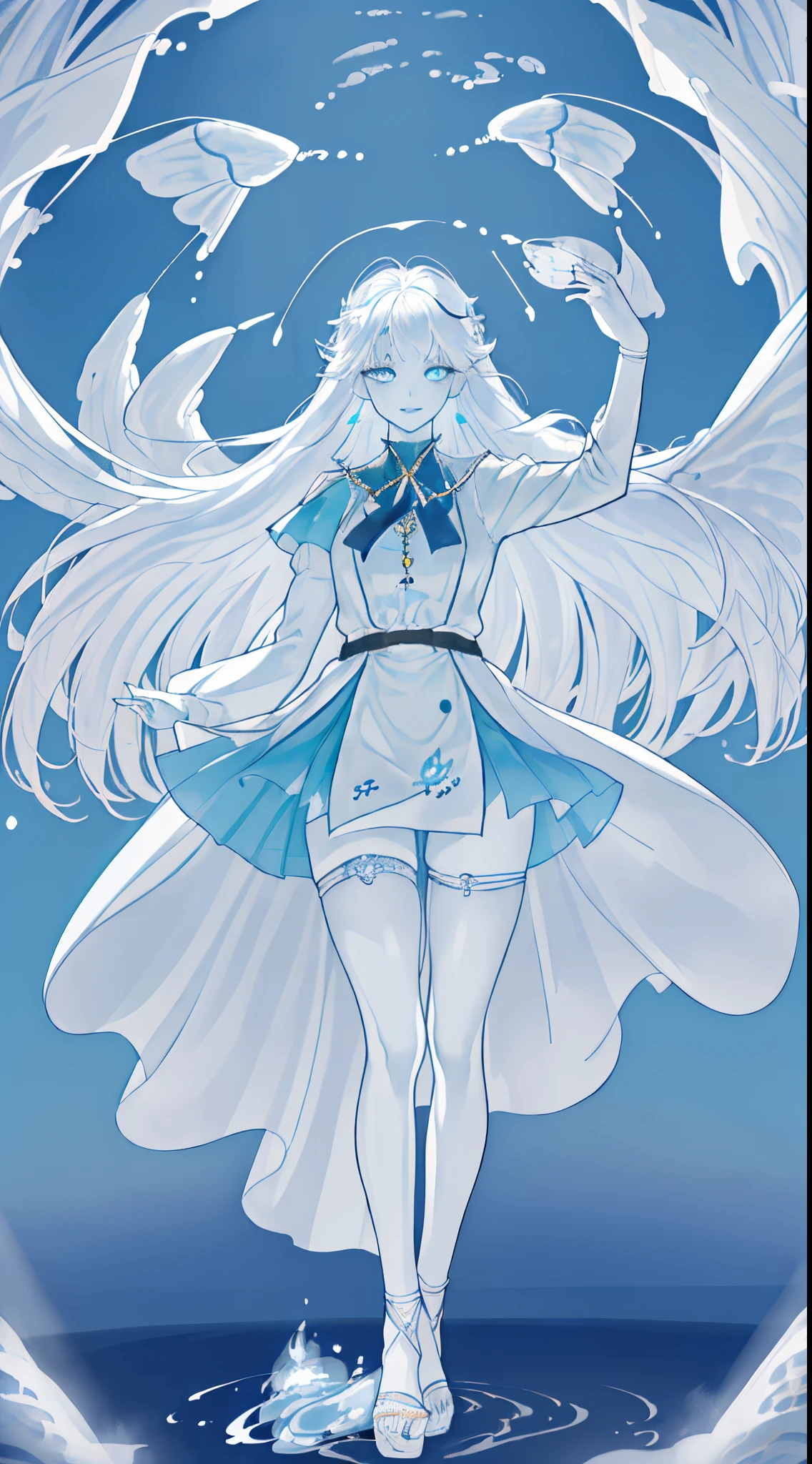 (Shot Full Body:1.3),(((Masterpiece))), (((Best Quality))), ((Ultra-detailed)), (Cinematic lighting), (illustartion), (beautiful detail eyes), (1girl, The woman, Adult, sharp facial features:1.3), Depth of field,(white skin color, Air Elemental:1.8), (((Masterpiece, hiquality, hight resolution,Detailed background, 詳細な目, Good eyes, An impudent look, Smiling, mist, fun pose, Magic aura, good anatomy, dreamy))), (smile face, looking at the side, No boobs:1.2), (white colored hair, extra very long hair:1.5), Cloud particles, (airy hair:1.3), Kingsglaive Apparel, ((fantasy outfit, blue little dress, Silver accents, blue shorts, Sandals), sage clothes, (eyes without pupil:1.2), glowing eyes,(white eyes), glowing air particles, sky background, (the wind, The sky:1.4),(absurdress, hight resolution, Ultra Detailed),Finely detailed eyes and detailed face, fool \tarot\, bard, clown, Symbolism, visual art, occult, Universal, Vision Casting, Philosophical, Iconography, Divination by numbers, Popularity, an artistic, by Alphonse Mucha