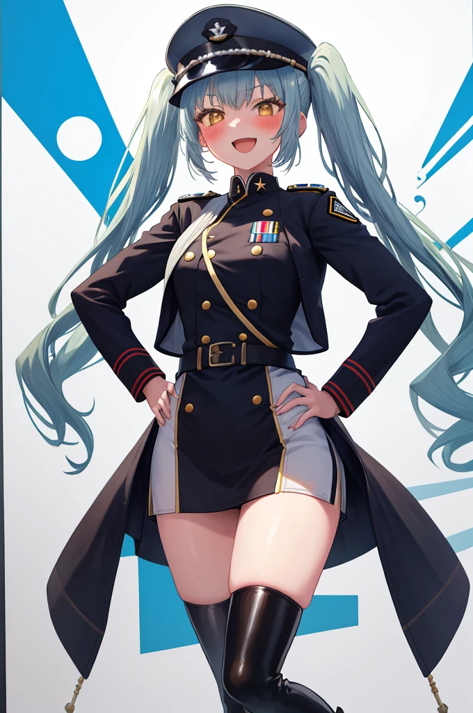 masutepiece, Best Quality, 1girl in, 独奏,Cowboy Shot, private \(nikke\), blush, Smile, Open mouth, Long sleeves, hat, long boots, black thighhighs, uniform, put hands on the hip, Military uniform, White cap, Hands on hips, peaked cap