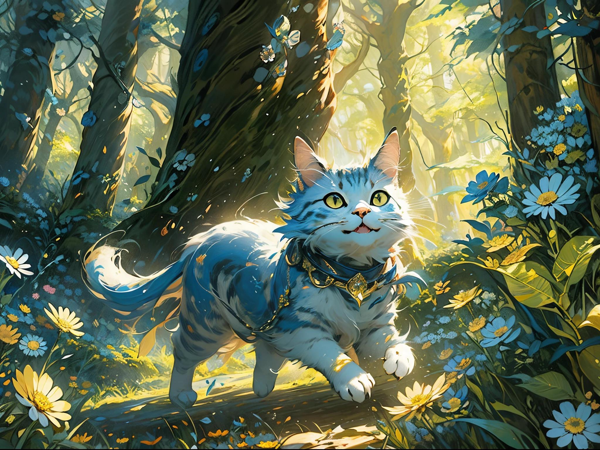 a spirit cat, wearing blue and gold scarf, fantasy forest, running in the forest, (mysterious, intelligent), agile, glowing, shinny, looking at the sky, legendary creature, mythical, detailed, realistic, ultra detailed, dramatic, brushstrokes, high contrast lighting, stunning light, flowers on the ground, Chrysanthemum, day, sun, sunshine, energetic, relaxed and happy atmosphere