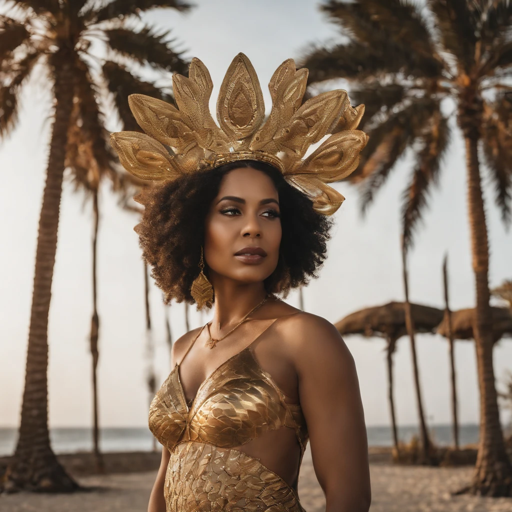 best quality, portrait of a beautiful, curvy woman with in futuristic headdress inspired by an ancient egypt queen Cleopatra, normal skin type, slightly brown skin, snake, gold, silver, stones, scarab beetle, microchips, integrated electric circuits, cables, electric glow, retro futurism, beach in sunset, warm glowing sunset, palm trees, mecha-girl, human machine integration, long skirt in gold, in her hand she is holding a golden spire, posing by a palm tree, full body
