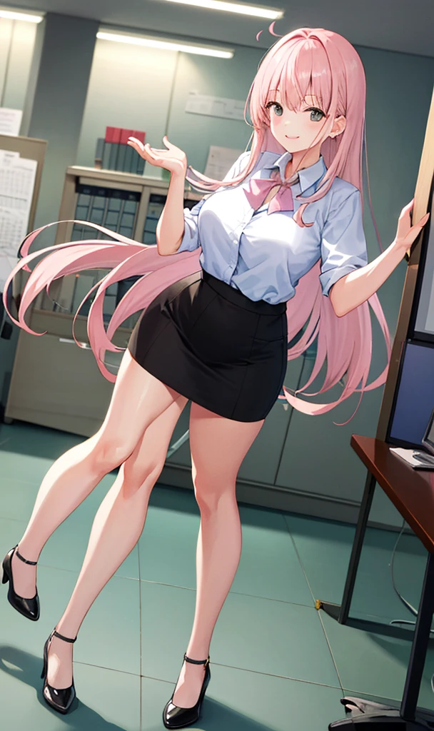 ((masterpiece, best)),(1girl),((mature woman)), light pink hair, dizzy, trumpet, ((office lady)), bangs, mid-chest, (full), slim, smiling, [wide hips] ,office,standing, aru \(blue archive\),