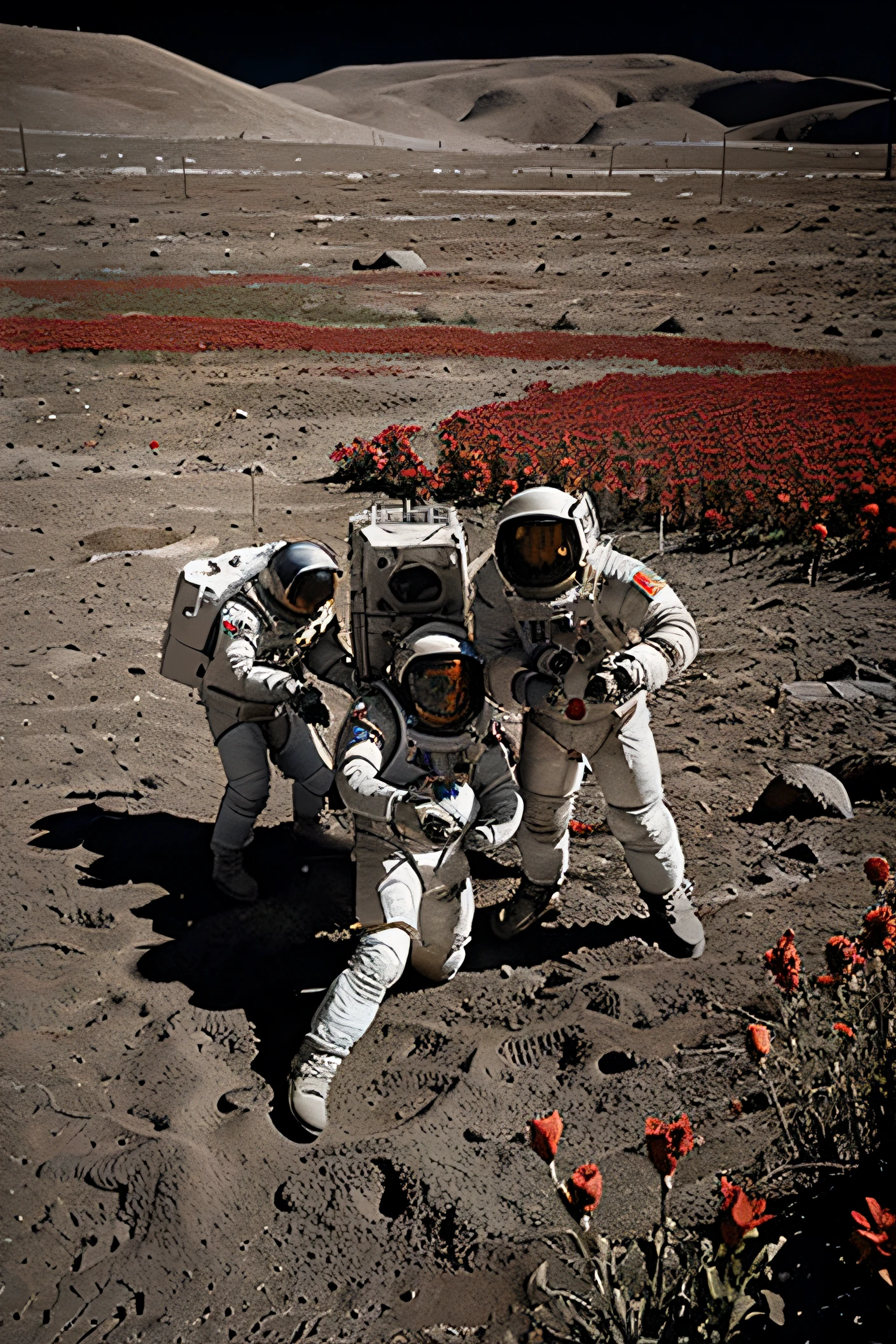a group of astronauts, with an spacesuit, flying over the moon near a field fo red flowers in the moon's floor, in a background a planet earth in the space