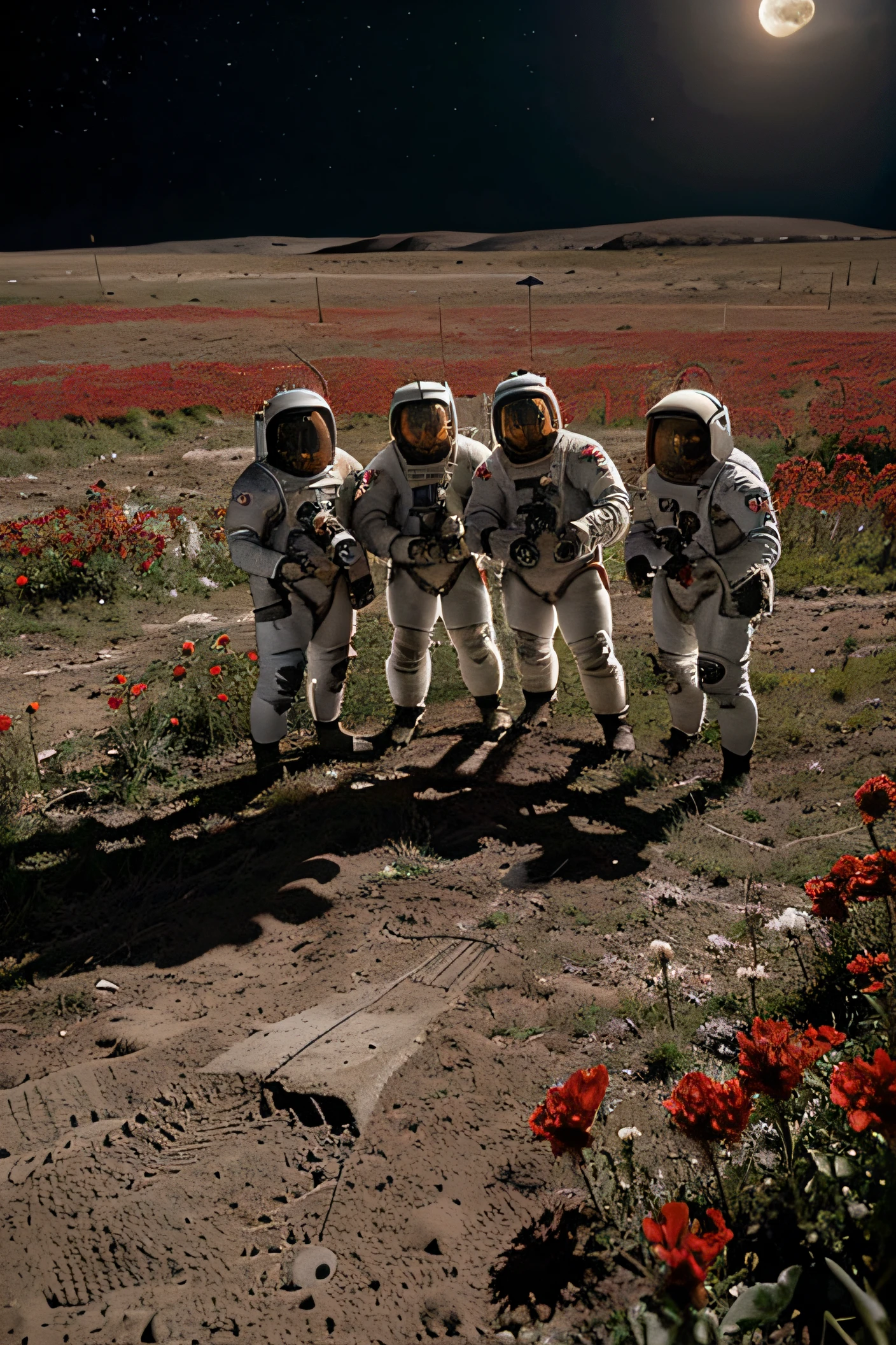 a group of astronauts, with an spacesuit, flying over the moon near a field fo red flowers in the moon's floor, in a background a planet earth in the space