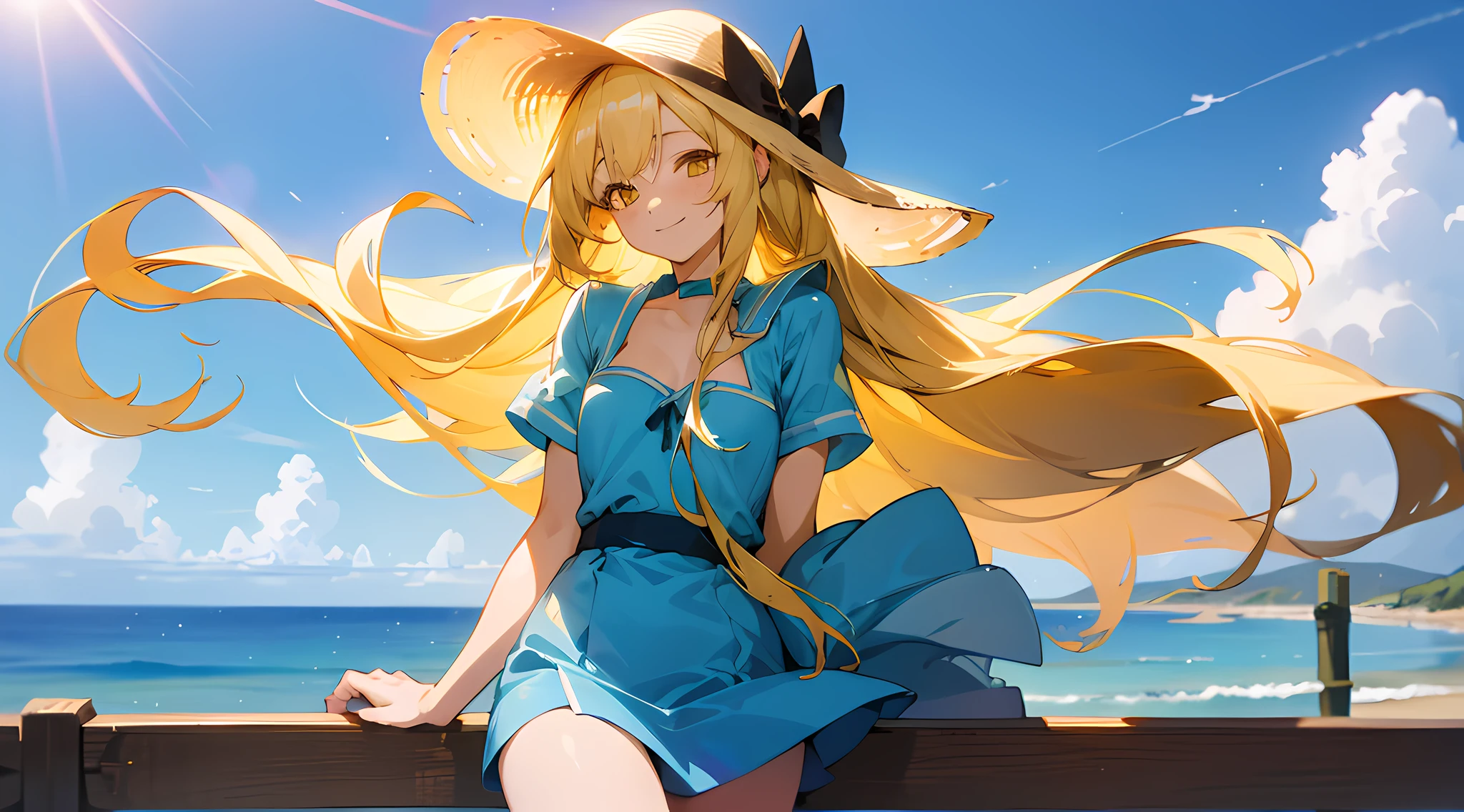 anime girl leaning on a fence, next to the ocean, beautiful water, beautiful blue sky, beautiful sunlight, blowing wind, (1girl), long blonde hair, yellow eyes, small breasts, short sleeves blue short dress, sun hat, smile, blsuh,  beautiful anime artwork, ultrasharp, masterpiece, high res, 8k