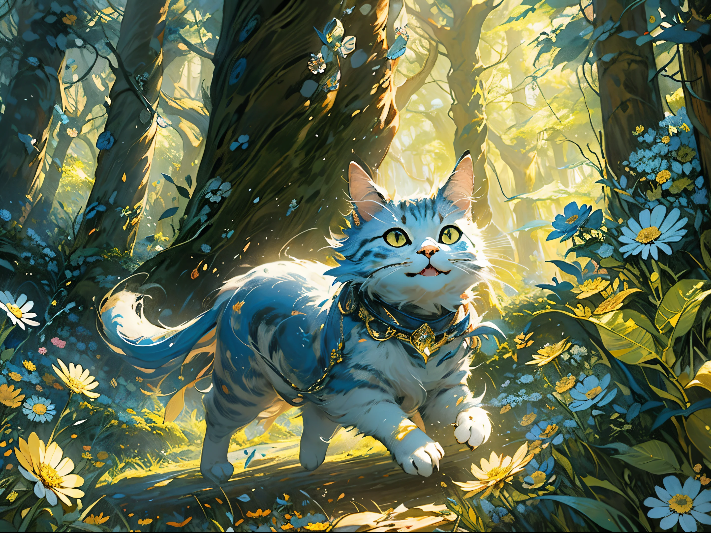 a spirit cat, wearing blue and gold scarf, fantasy forest, running in the forest, (mysterious, intelligent), agile, glowing, shinny, looking at the sky, legendary creature, mythical, detailed, realistic, ultra detailed, dramatic, brushstrokes, high contrast lighting, stunning light, flowers on the ground, Chrysanthemum, day, sun, sunshine, energetic, relaxed and happy atmosphere