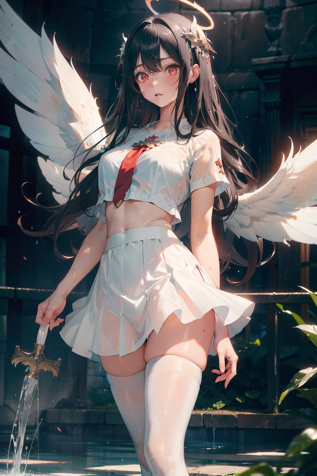 ((sfw)),(masterpiece, best quality),((high resolution 4k)), 1lady, solo, (white Scales, body cover with  scales), halo, wings,fallen angel, black hair, loose waves, red eyes,wet white sheer t shirt,short sleeve,wet white skirt,white stockings,white thigh highs,standing