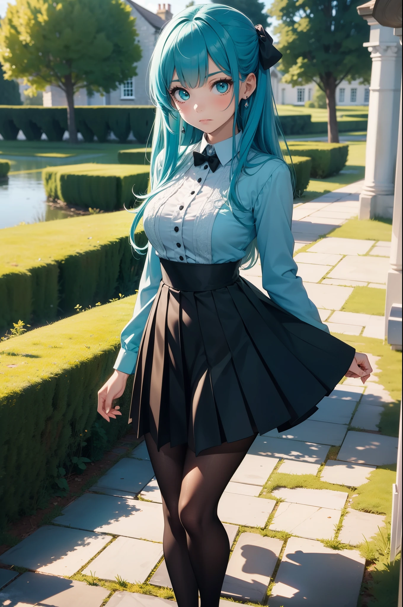 (Best quality), (masterpiece), (ultra detail), A cute girl, highly detailed face, indifferent facial expression, teal crystal eyes, turquoise hair, full body, in the country side castle in England like , BREAK black tights, (dress outfit with short pleated skirt) (hourglass figure)