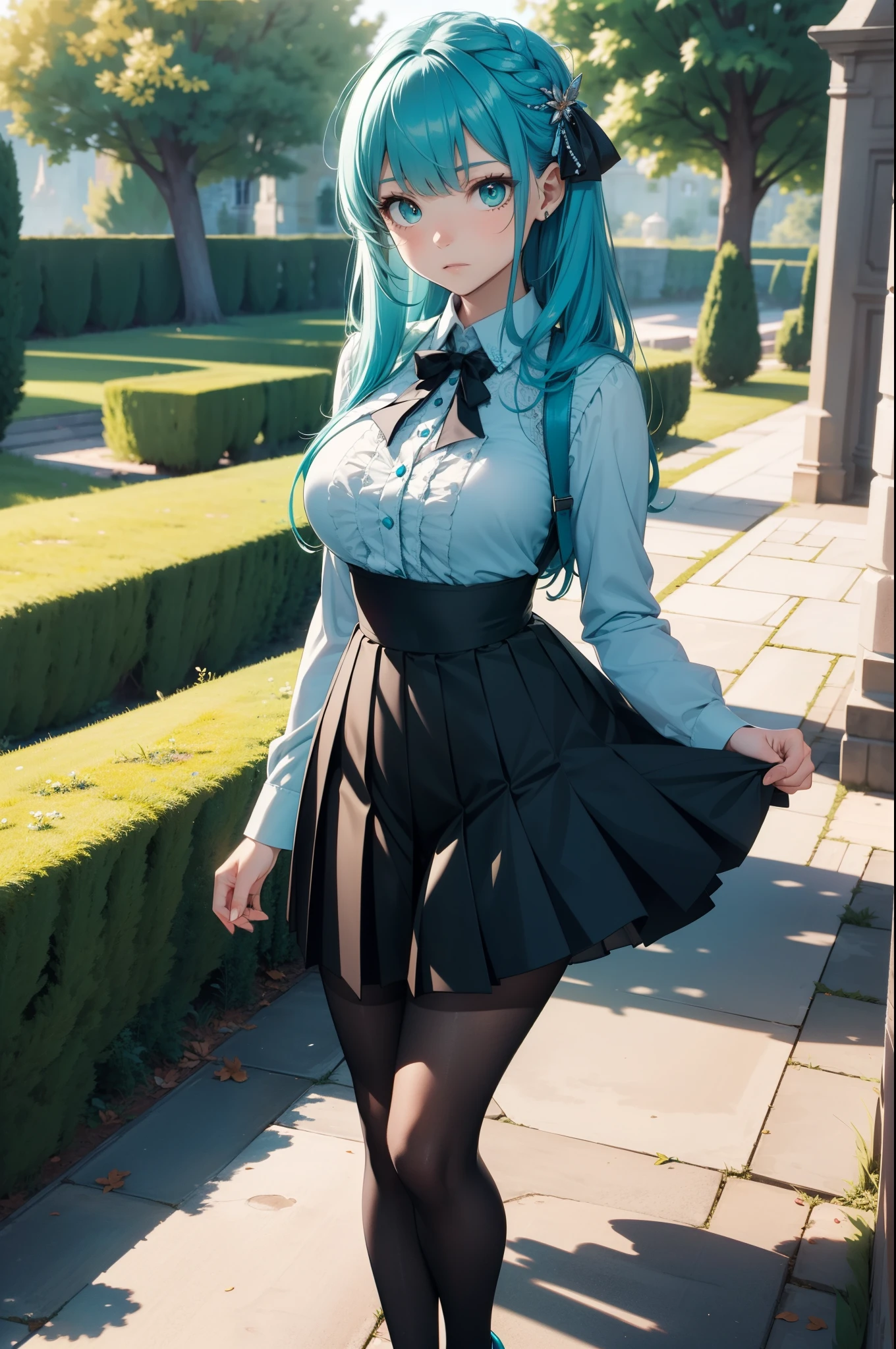 best quality, masterpiece, 1girl, solo, standing, full body, breast, black skirt, black legwear, thighhighs, black pantyhose, white shirt, short sleeves, long hair, blue hair, blue sky, clouds, background, <lora:NormalStyle:0.6>