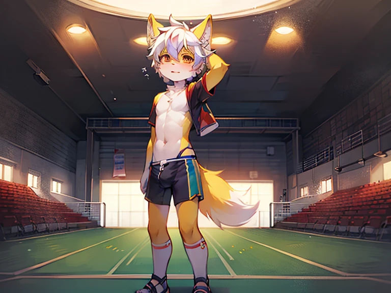 Shota，Yellow fur，Briefs，soccer court，Football socks，single sandal，ember，male，white color hair，A small braid，