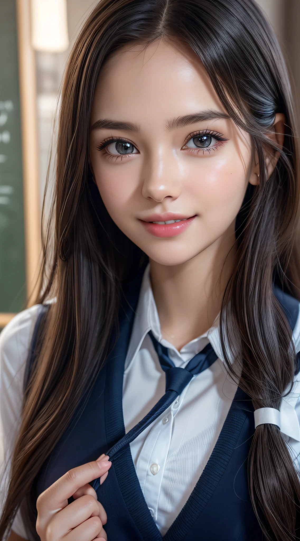1girl, Extremely cute, Amazing face and eyes, (Beautiful lovely smile), (extremely detailed beautiful face), bright and shiny lips,  keep staring at me, super beautiful, (school uniform:1.3), (Best Quality:1.4), (hyper quality), (Ultra-detailed), (hyper-realistic, Photorealsitic:1.37), Authentic skin texture, cextremely detailed CG unified 8k wallpaper, RAW Photos, professional photograpy, Cinematic lighting,