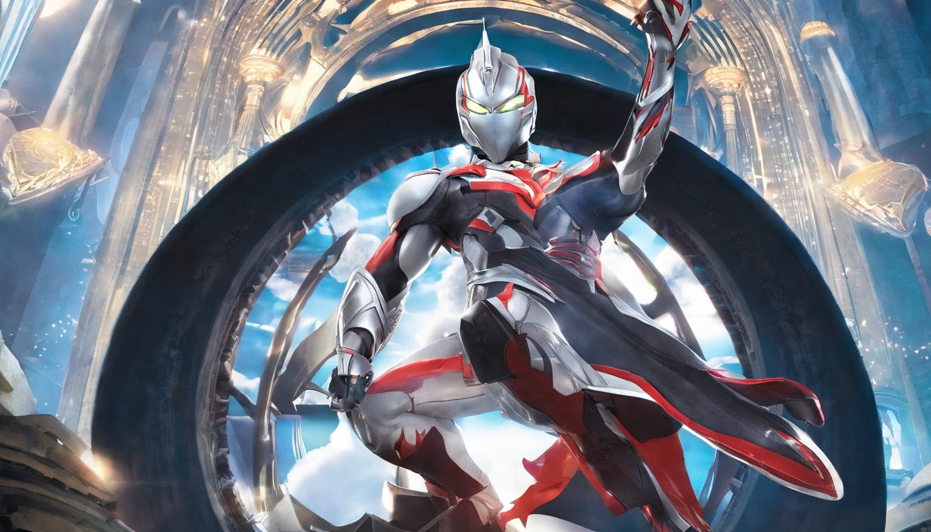 [ Amazing | astounding | delicated ] [Visually inspect the audience]Ultraman&#39;s character statue ， （Best quality， tmasterpiece）， 1人， looking at viewert， face guard ， City smoke background， upper part of body， Contemporary，Ultraman Tiga clothing。[dot paper effect]