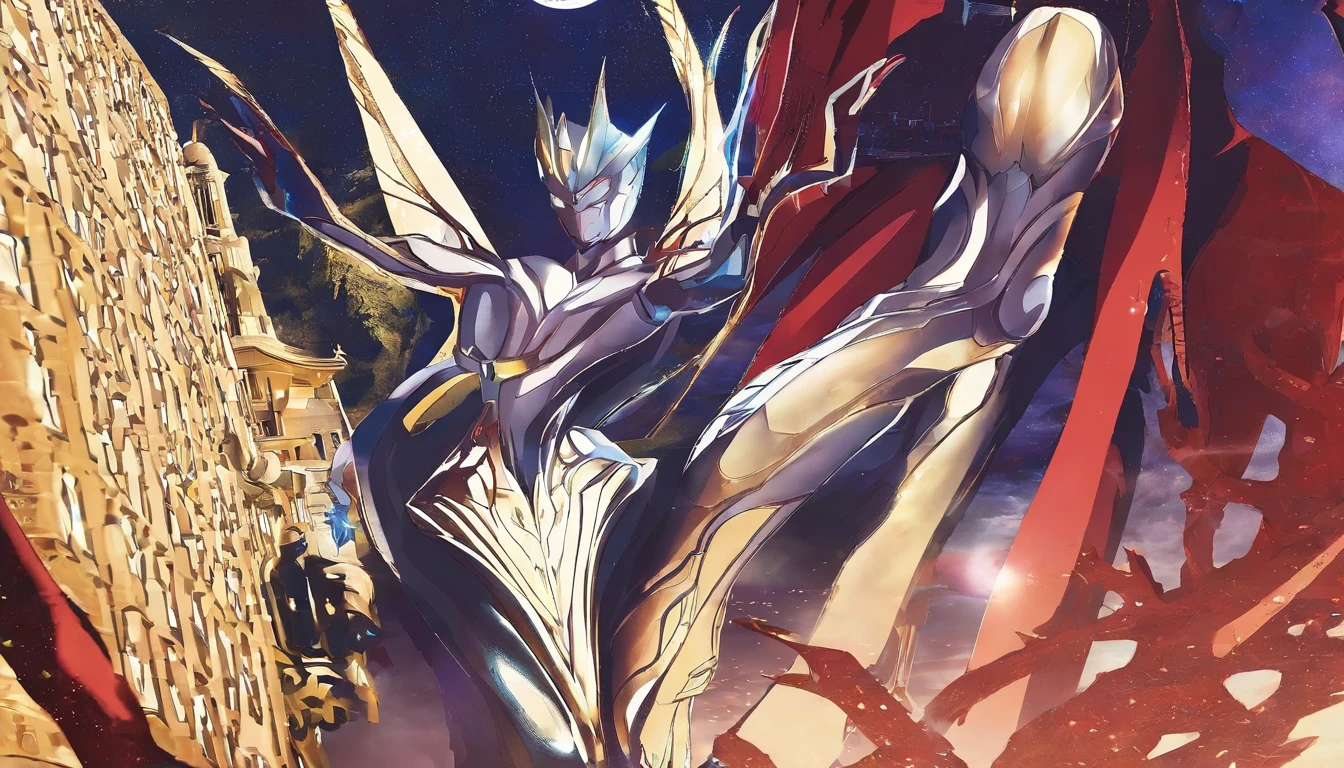 [ Amazing | astounding | delicated ] [Visually inspect the audience]Ultraman&#39;s character statue ， （Best quality， tmasterpiece）， 1人， looking at viewert， face guard ， City smoke background， upper part of body， Contemporary，Ultraman Tiga clothing。[dot paper effect]