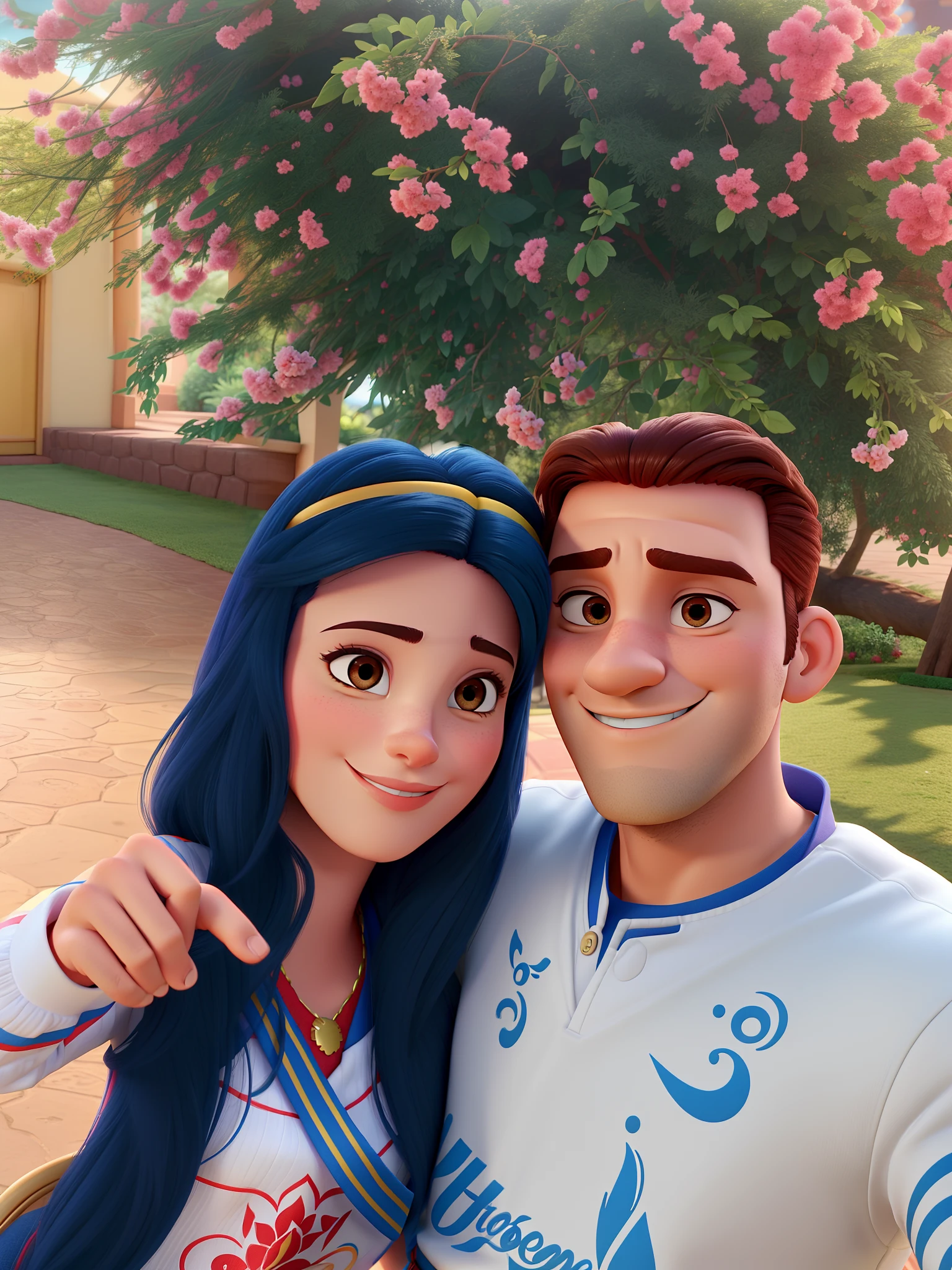 Casal (homem moreno e mulher branca) no estilo Disney Pixar, alta qualidade, melhor qualidade.