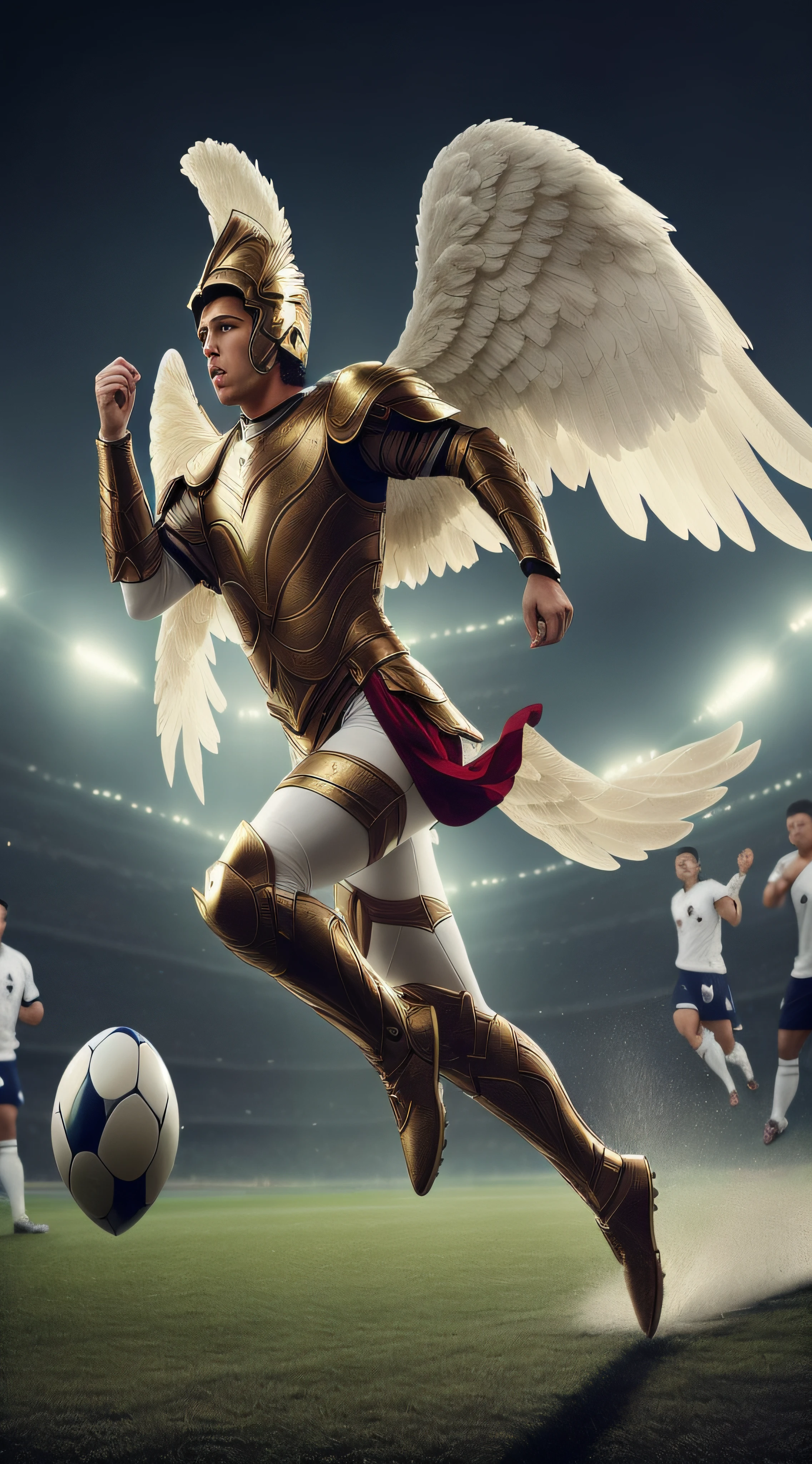 arafed image of a man dressed as an angel kicking a soccer ball, wearing winged helmet, olympian god, biblical accurate angel, archangel, epic angel wings, angel in plastic armor, archangel michael, award winning sports photography, sports photography, cover shot, angel protecting man, roman myth, winged human, godesses, winged archer