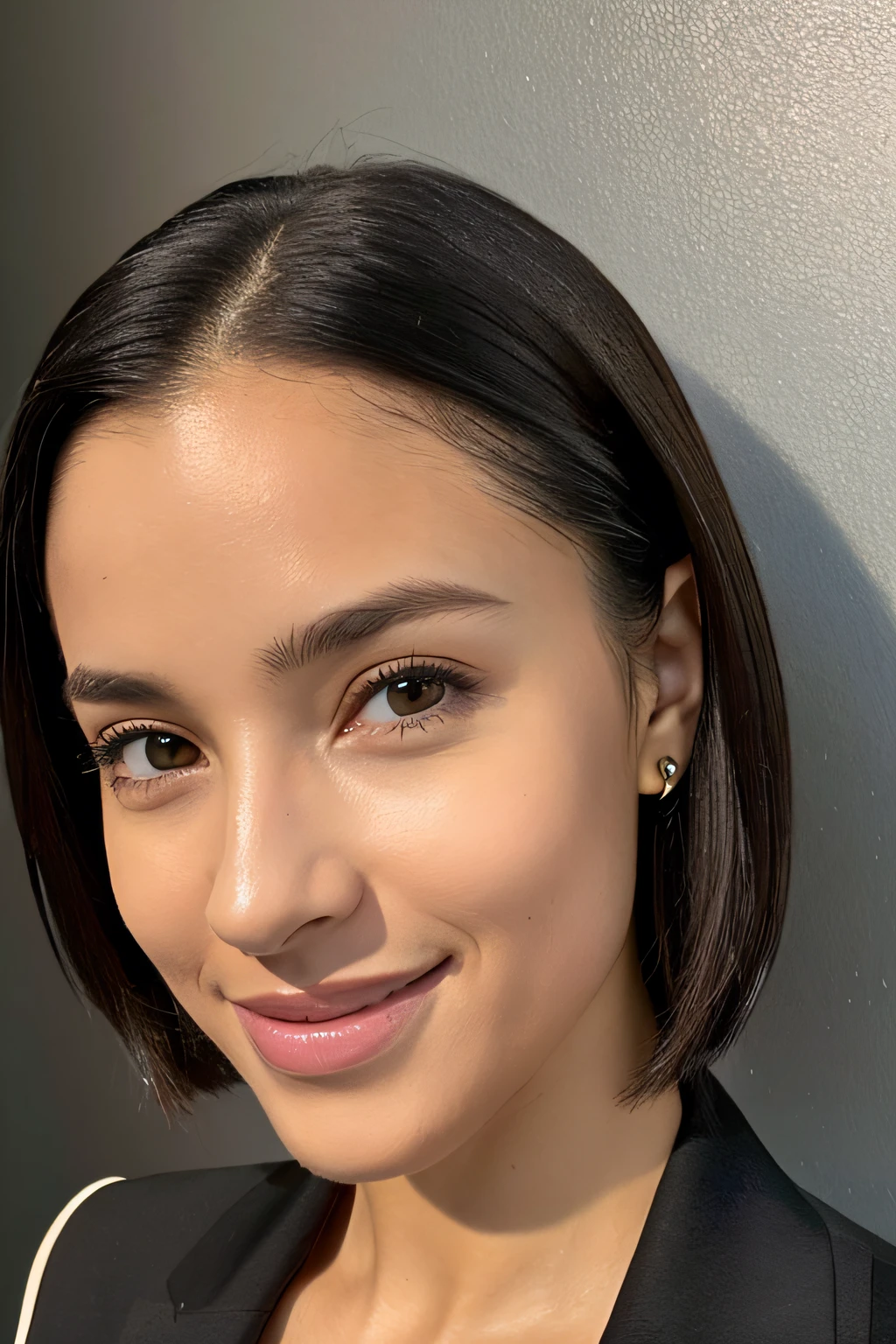 Alafed woman in black shirt and black jacket, Portrait Sophie Mudd, selfie of a young woman, Tessa Thompson's inspiration, with professional makeup, glowy, profile image, sexy face with full makeup, detailed flawless face, sultry expression, Perfectly lit face, headshot profile photo, bright skin, ayahausca, with brown skin, Outer space background、With smiling eyes