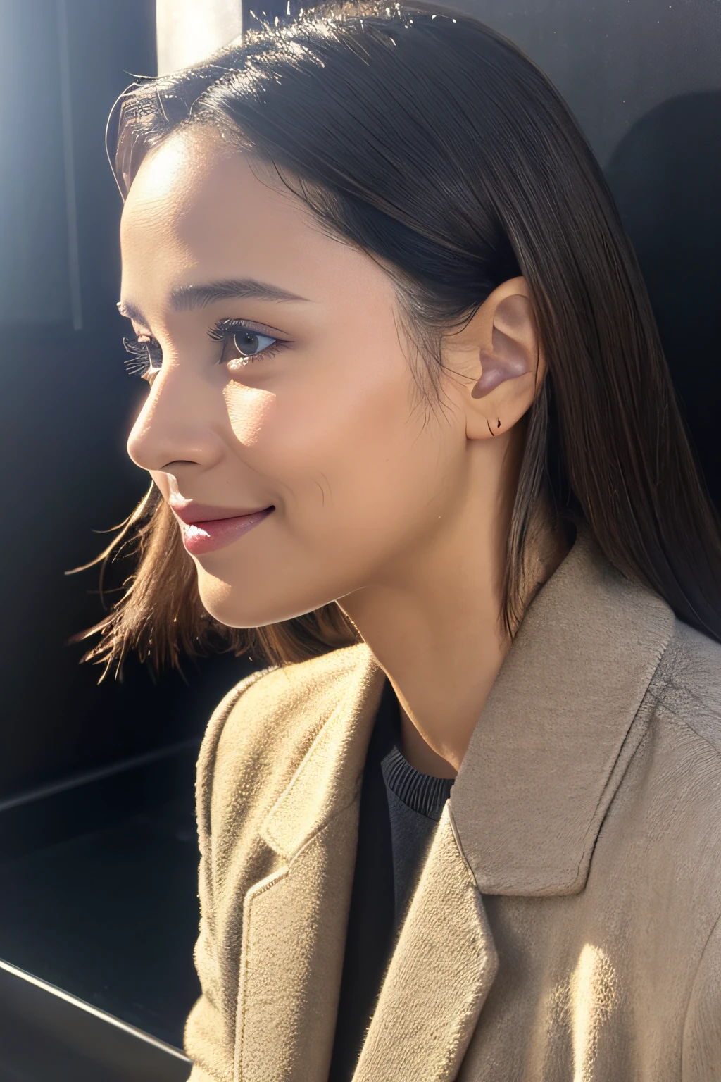 Alafed woman in black shirt and black jacket, Portrait Sophie Mudd, selfie of a young woman, Tessa Thompson's inspiration, with professional makeup, glowy, profile image, sexy face with full makeup, detailed flawless face, sultry expression, Perfectly lit face, headshot profile photo, bright skin, ayahausca, with brown skin, Outer space background、With smiling eyes