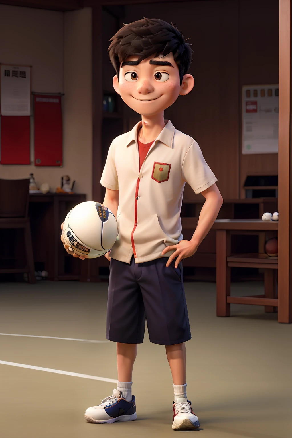 Asian man handing a ball to an Asian boy on a court