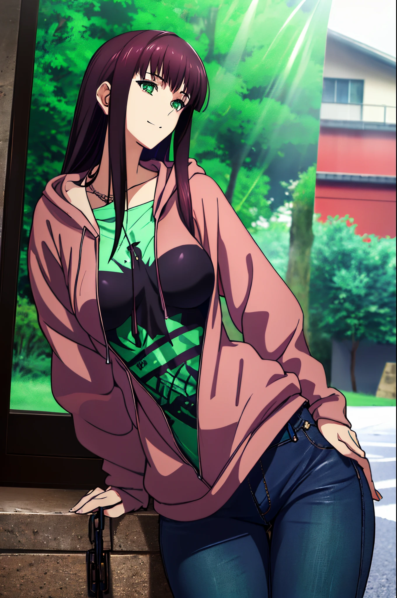 Makima (chain saw man),Sukasaha (Fate/grand order),Shimohira Reihua ,Hi-Res,Very delicate and beautiful CG illustration,top-quality,Realistic skin feeling,Realistic fabric,Realistic texture,beautiful thigh,big breasts thin waist,(((masutepiece))), (((Best Quality))),8K,32K,masterpiece,beautiful alluring anime woman,ultra-definition,ultra-detailliert,hight resolution,a hyperrealistic schoolgirl,masuter piece, Best Quality, High quality, High Definition, high quality texture, high quality shadow, high detailing,finely detail,1girl in,Solo,Soio,tall,AS-Adult,Mature atmosphere,Leg length,neat and long legs,8 Head Body,stature:171cm,Mature girls,Reddish-purple hair,Reddish-purple hair,Purple hair,silky and smooth hair,Colorful hair,Straight hair,Smile,Smiling happily,Seductive look,Bewitching look,Cute smile,Cute smile,Cool Beauty,Beautuful Women,Neat face, Beautiful realism,beautiful hairl,a necklace,Jade accessories around the neck,A slight smil,Colorful eyes,green colored eyes,Jade-colored eyes,beautidful eyes,Bright eye,Delicat eyes,Eyes Like Gems,Jade Eyes,Hanging eyes,(Green eyes:1.5),Seductive face,watching at viewers,mystic atmosphere,White hoodie with hood,JINS,jeans,Blue Pants,during daytime,takeout,Building Street,hand bag,Cinematic,plein air,Beautiful lighting,captivating details,anime styled,parka,Plain clothe,((Black Lowrise Skinny Long Jeans)),hooded sweatshirt,((Sweatshirt)),stroll,Building Street,Sunlight,naturey,blue-sky,is standing,a park,Model photo,Makoto Shinkai Anime Style,cowboy shot,By Shinkai Makoto,