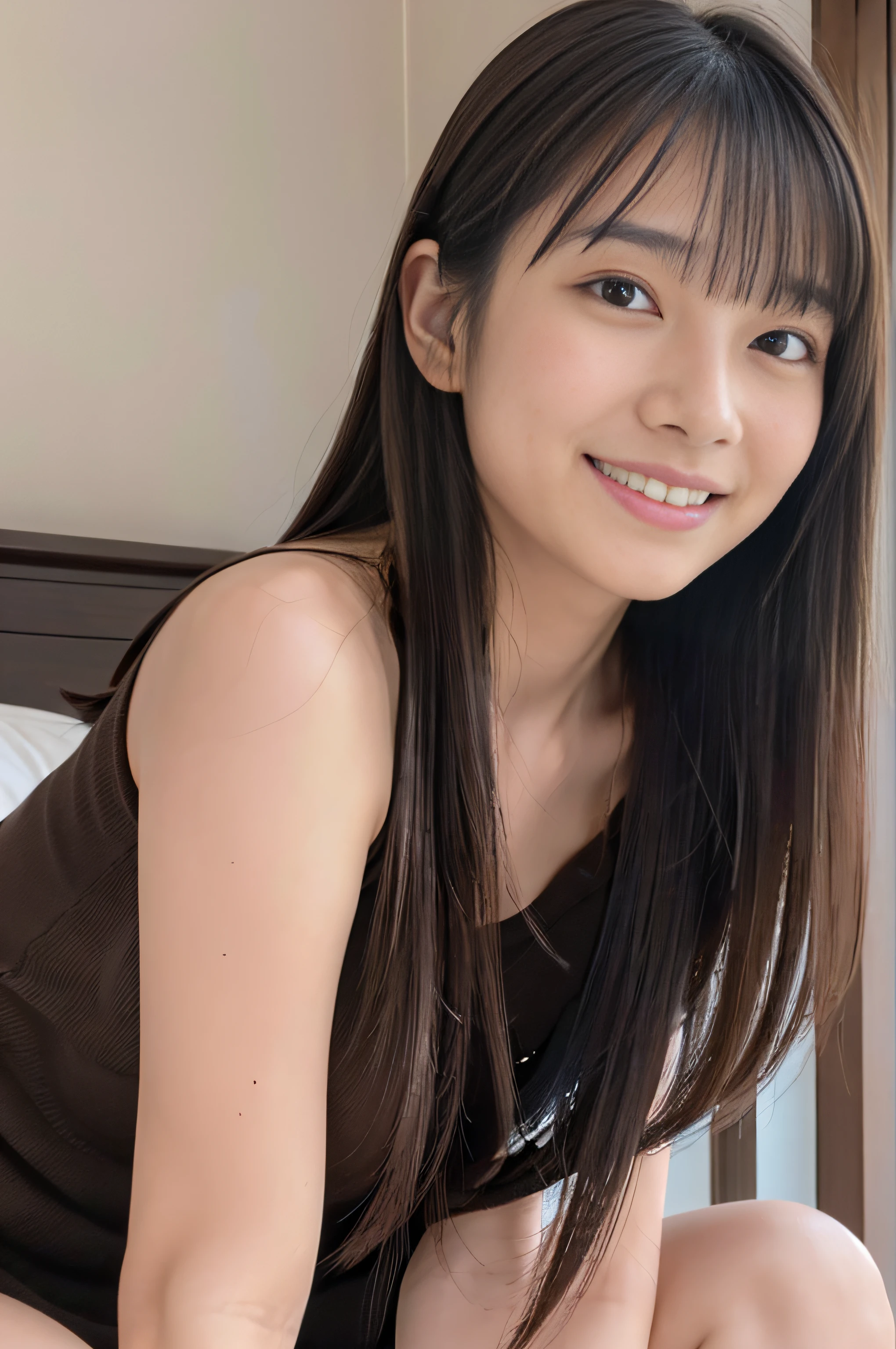 ((fullnude、NSFW、nude、no-makeup、Stand in the bedroom))、(realisitic、Photorealsitic、ultra-detailliert、Highest Details Skins、top-quality、​masterpiece、超A high resolution)、Cute Japan Woman、17 age、hi-school girl、younggirl、1 girl in、I have bangs、二重まぶた、drooing eyes、Large black eyes、Japanese style face、ssmile、Charming、purity、Cute smile、double tooth、View here、Realistic skin type、simple background、thighs thighs thighs thighs、Longhaire