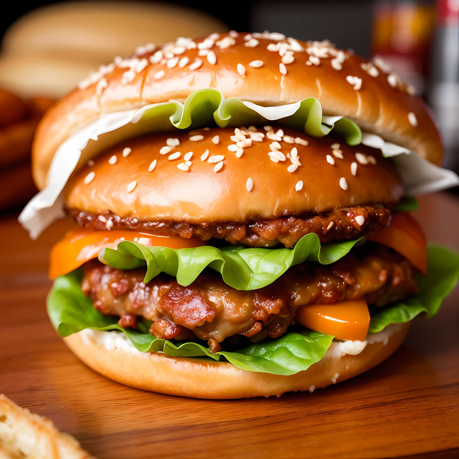 best quality, ultra high res, (photorealistic:1.4), ultra-detailed,incredibly detailed, foil package, big mac, fried meat, wet lettuce, melting cheese, tomatoes