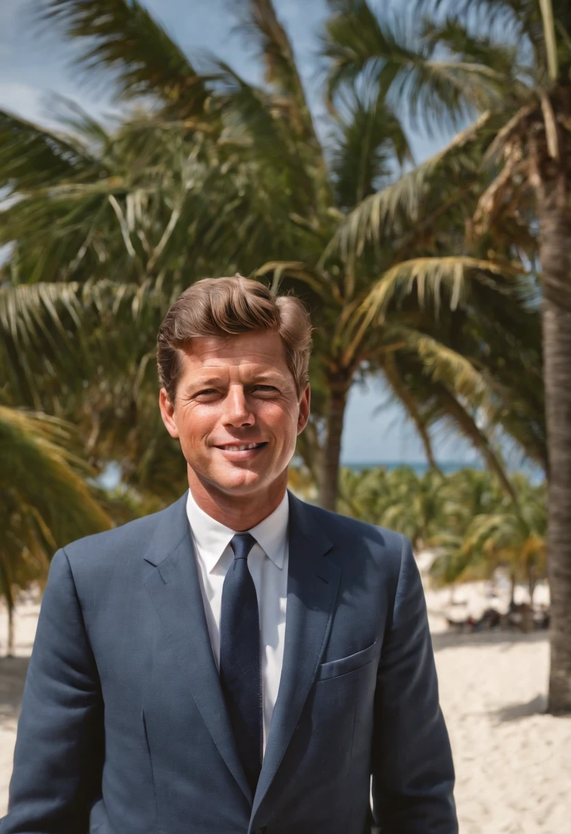 A picturesque view of a peaceful beach with crystal-clear blue waters and palm trees swaying in the breeze,original,John F. Kennedy, the 35th President of the United States, was renowned for his handsome, charismatic appearance, with his wavy hair, engaging smile, and a sense of style that exuded confidence and charm. His tailored suits and poised demeanor contributed to a public image of youthful vigor and sophistication.