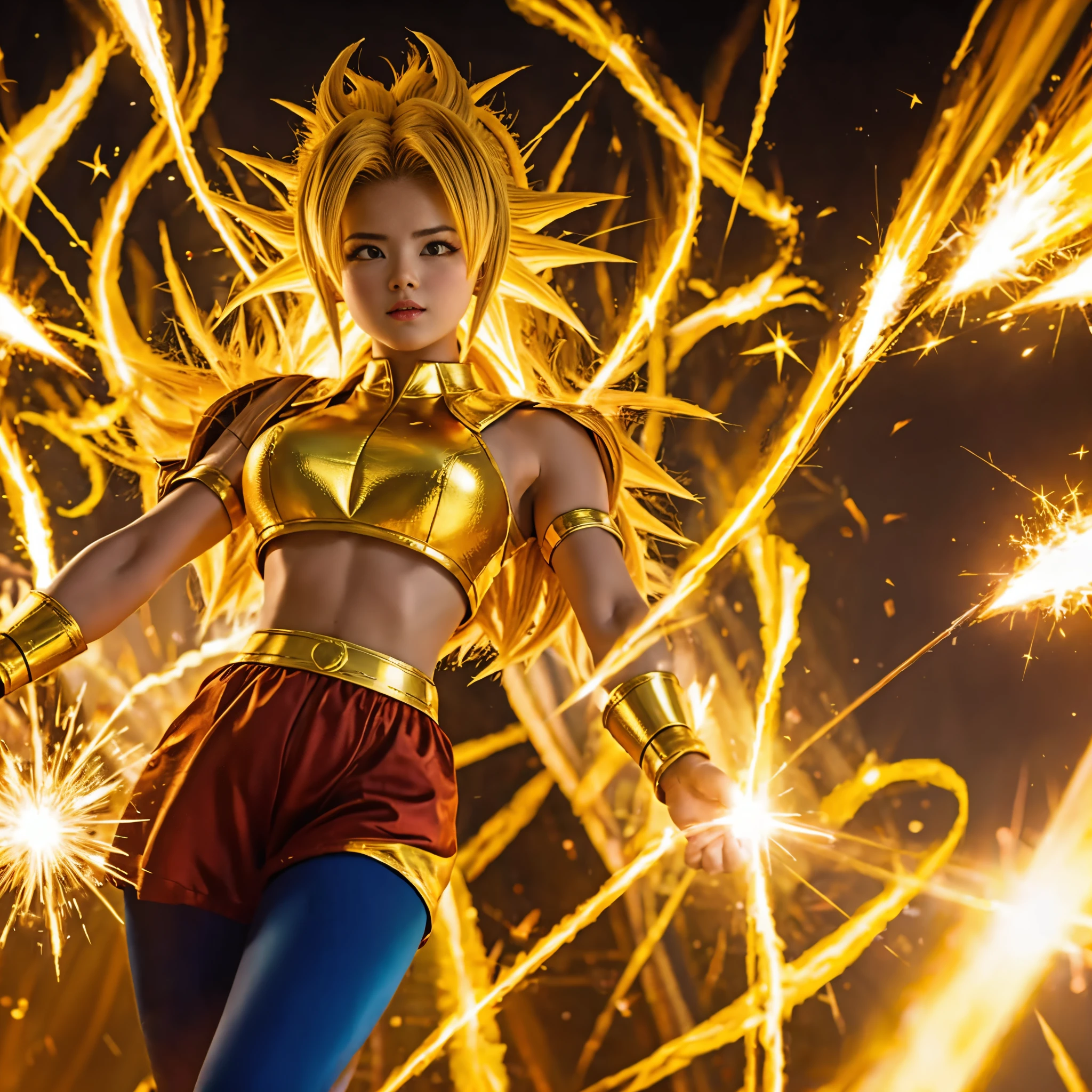 Super Saiyan Girl, Golden aura, Spark, Unleash a wave of energy, hightquality