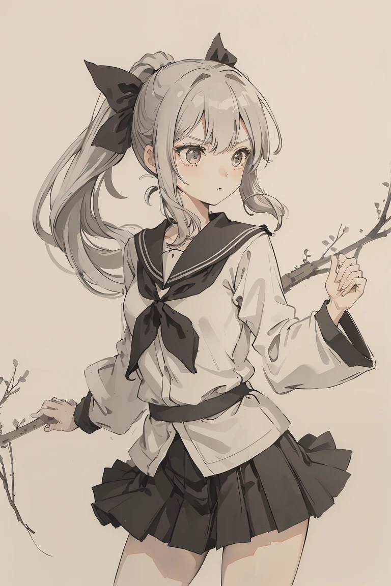 sparrow, a silver haired girl, wearing a school uniform, black skirt, long hair, slim body, ponytail, black ribbon, , serious face, a japanese school girl. she is standing in the school