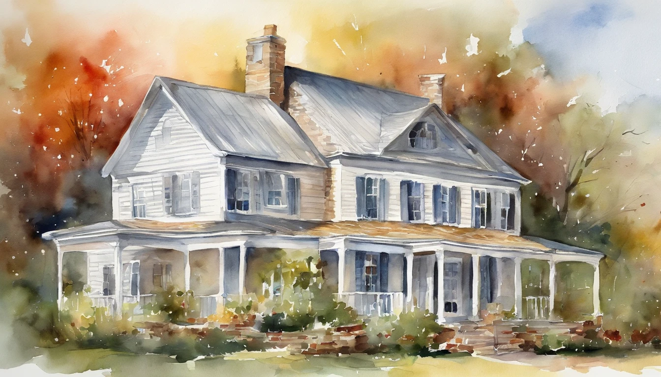 crosses,white triangular roof,White house,Watercolor style