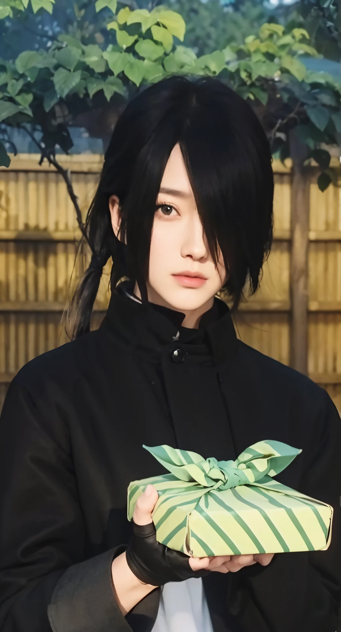 Real life adaption of this character, handsome face,realistic same hair, (realistic same outfit wear realistic black coat), realistic same background , realistic light, realistic shadow, realism, hyper realistic,(photorealistic:1.2),