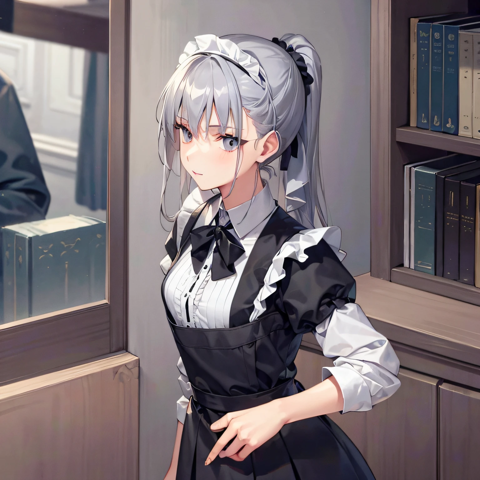 maid,Detailed gray eyes,gentle face,young,long slim figure,pony tails,Clean and gorgeous maid outfit,secret agenda,meticuloso,couay,History books,ssmile