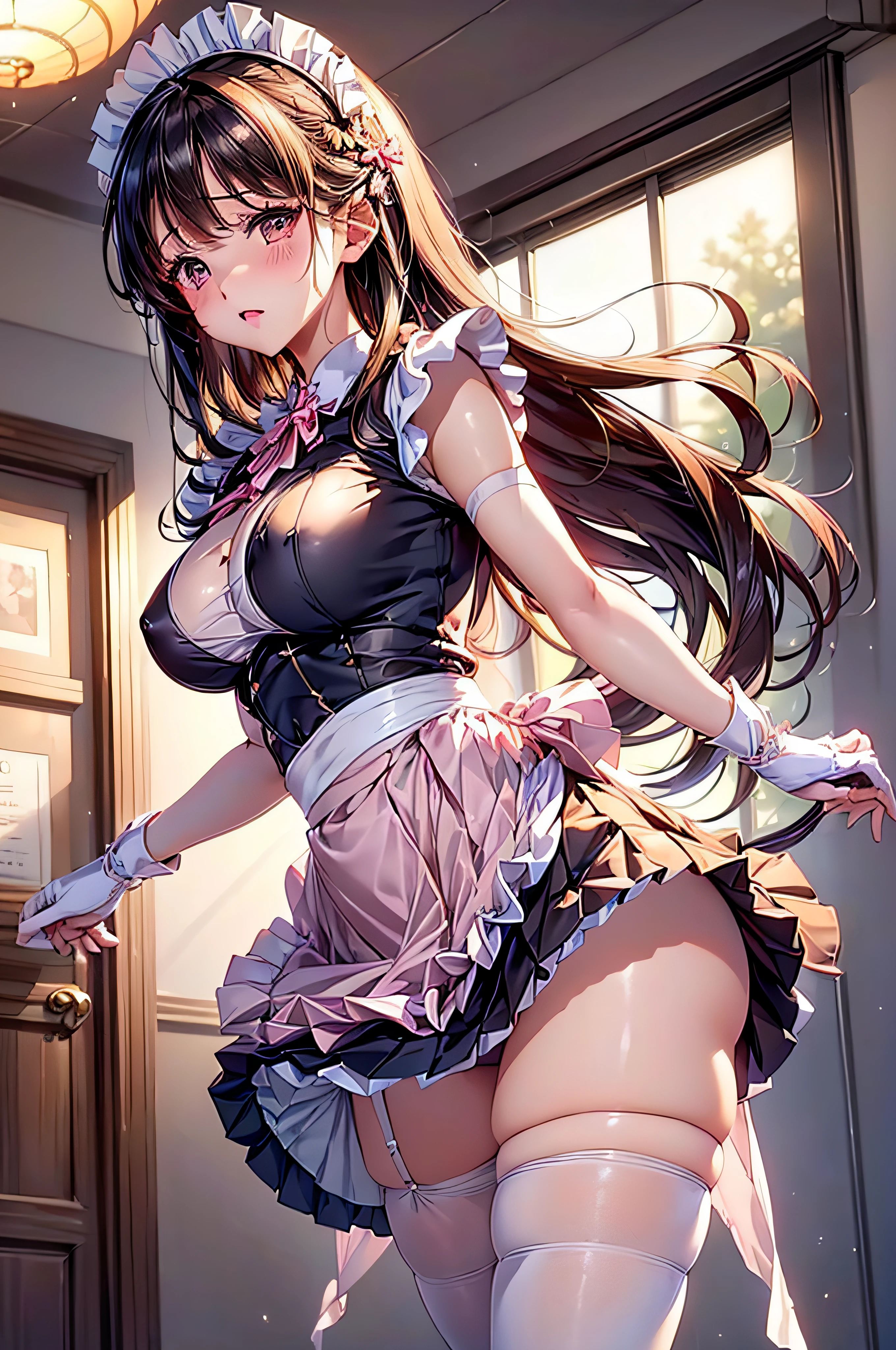 (1girl in), Long Wave Hair、dark brown hair, Amazing face and eyes,(natural make up)、(Brown eyes), medium large breasts、(High school uniform with wide open chest:1.1)、bared chest, (amazingly beautiful girl), Styliška Chusha、Ruffle style costumes, Puffy nipple、(Maid Cafe Costume, Pleated mini-skirt:1.5), (Best Quality:1.4), (Ultra-detailed), (extremely detailed CG unified 8k wallpaper), ((Stylish maid café)), Maid Cafe Popular Staff, (Light pink panties)、(((The skirt is rolled up by the wind)))、((buttocks visible))、((embarassed expression))、((Butt sticking out pose))