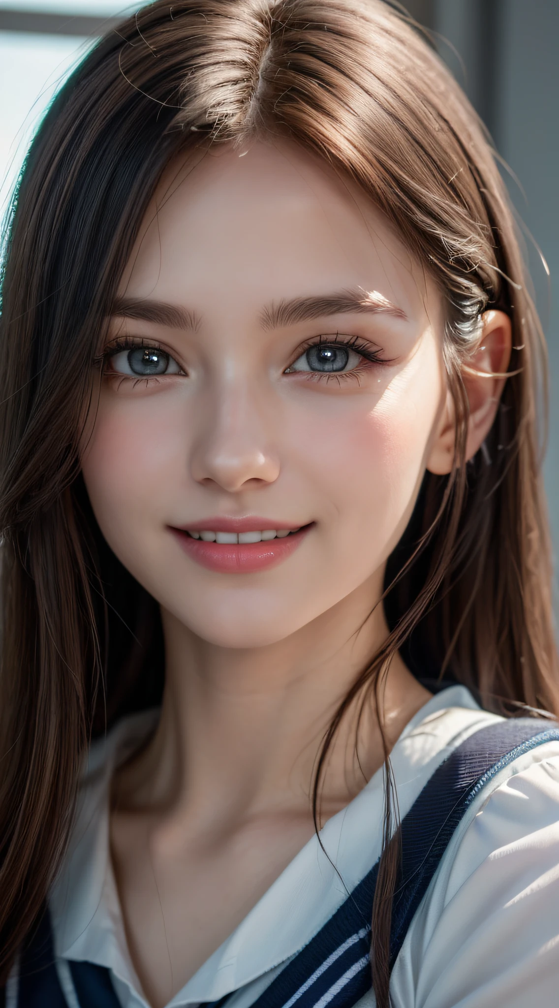 1girl, Extremely cute, Amazing face and eyes, (Beautiful lovely smile), (extremely detailed beautiful face), bright and shiny lips, keep staring at me, super beautiful, (school uniform:1.3), (Best Quality:1.4), (hyper quality), (Ultra-detailed), (hyper-realistic, Photorealsitic:1.37), Authentic skin texture, cextremely detailed CG unified 8k wallpaper, RAW Photos, professional photograpy, Cinematic lighting,