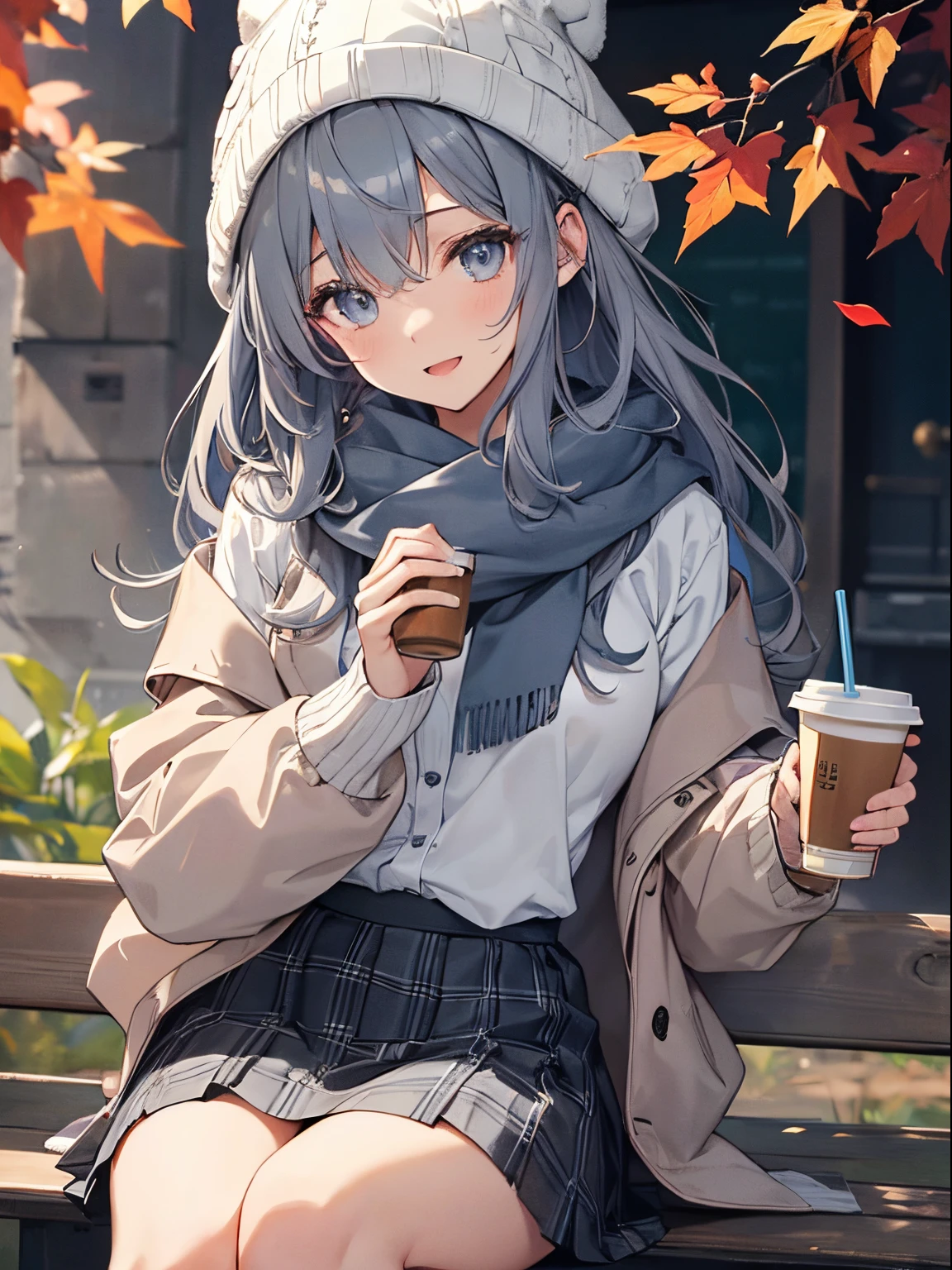 (1girl in),(beautiful eyes finely detailed、Face to detail、masterpiece sidelighting、​masterpiece、top-quality、detaileds、High resolution illustration),Woman facing the front with her whole body,Delicate Makeup, (a closeup:1.2)、POV、softfocus、Background bokeh、Turn to me and smile,Black eyes,Half-up hair with short bangs(((,Hair color is a blue-gray gradient))), BREAK (Colored leaves), Bangs,, blush, gray scarf、skirt by the, Cardigan, Sweaters、muffler、Moe Sleeve、Coffee, cup, Disposable cups, Drink, Falling leaves, Beanie, Holding, Hold drinks, fronds, Long hair, Long sleeves, Looking at Viewer, open cardigan, Open mouth, Plaid, plaid skirts, puffy long sleeves, Red Sweater, scarf, Shirt, shirt tucked in, side locks, Skirt, Smile, Solo, Sweaters, White shirt, Extremely detailed, Convoluted, masutepiece, absurderes