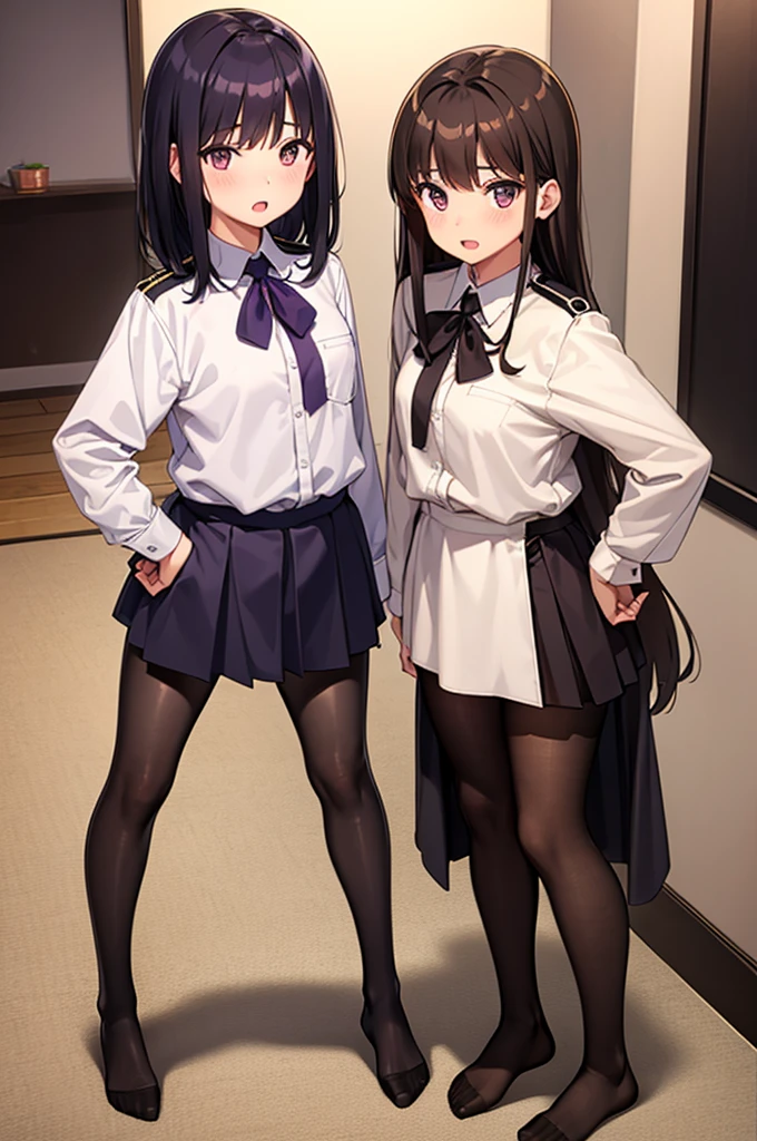 2girls,black hair,brown eyes,brown hair,feet,hand on own hip,light blush,long hair,looking at viewer,military uniform,multiple girls,open mouth,pantyhose,purple eyes,short hair,soles,steam,toes,uniform