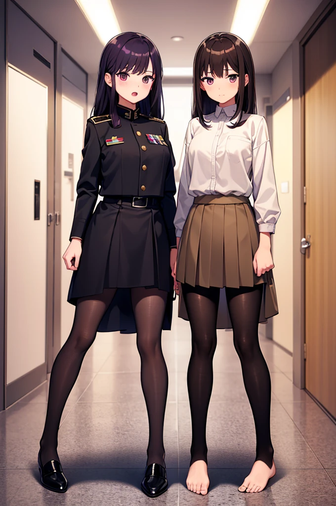 2girls,black hair,brown eyes,brown hair,feet,hand on own hip,light blush,long hair,looking at viewer,military uniform,multiple girls,open mouth,pantyhose,purple eyes,short hair,soles,steam,toes,uniform