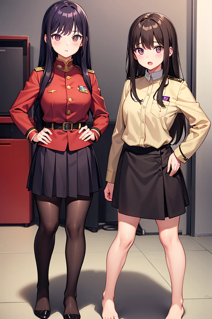 2girls,black hair,brown eyes,brown hair,feet,hand on own hip,light blush,long hair,looking at viewer,military uniform,multiple girls,open mouth,pantyhose,purple eyes,short hair,soles,steam,toes,uniform