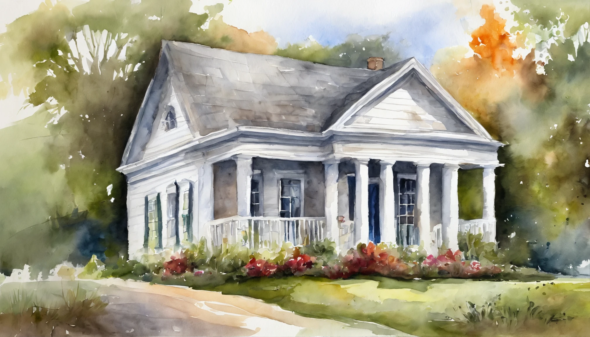crosses，white triangular roof，White house，Watercolor style