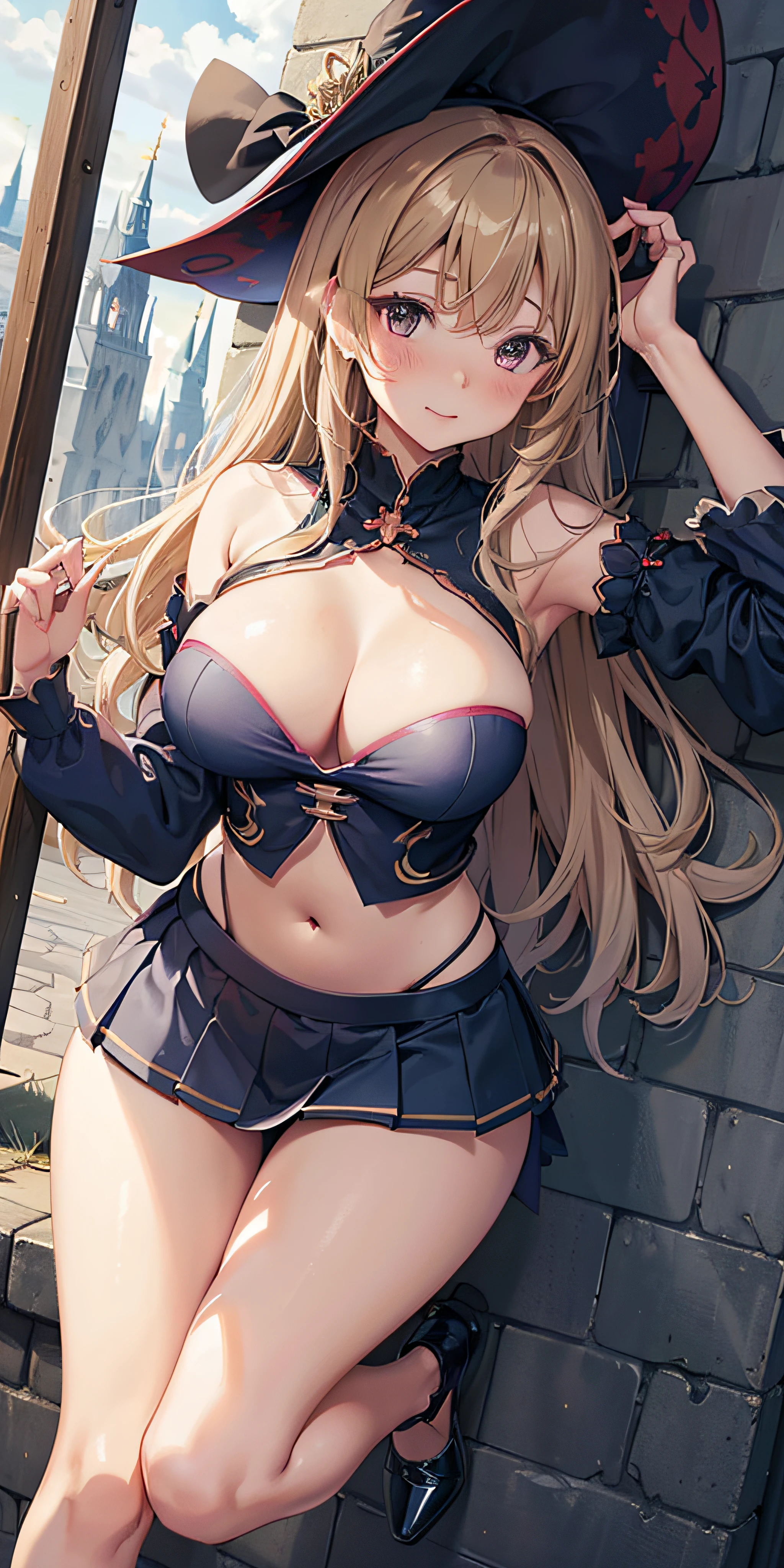 masutepiece, Best Quality,  the Extremely Detailed CG Unity 8K Wallpapers,  Sexy Witch Cosplay, Long dark blonde wavy hair、off-shoulder knit, (darkblue pleated skirt), Medium milk,  Blushing, Shy laughter, Bare shoulders、(Pose to emphasize breasts by leaning forward)、(turned around)、sexy hips、Sexy red underwear、Black High Heels、Luxurious magic wand and book、Church of the castle、sexy  pose、(((The skirt is rolled up by the wind)))、((buttocks visible))、((embarassed expression))