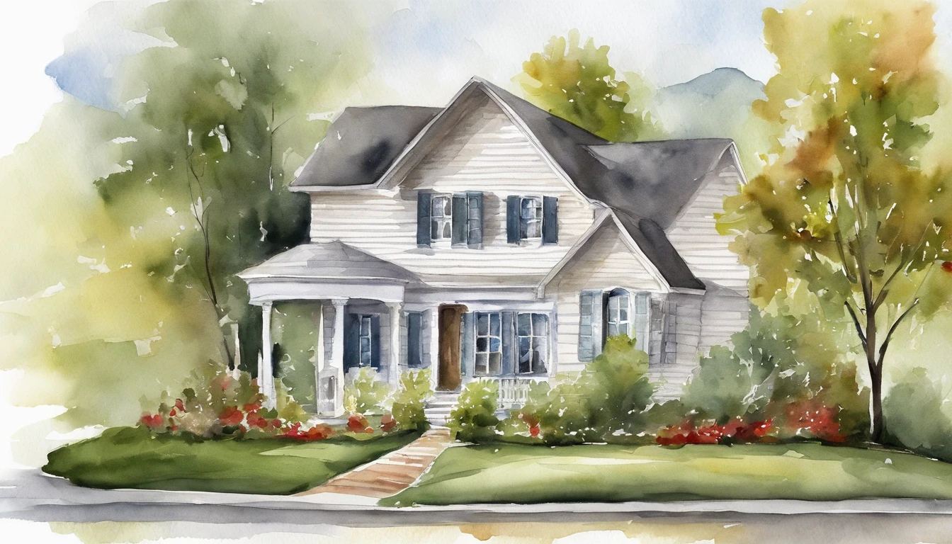 A white triangular house,There is a cross on the roof,the watercolor style