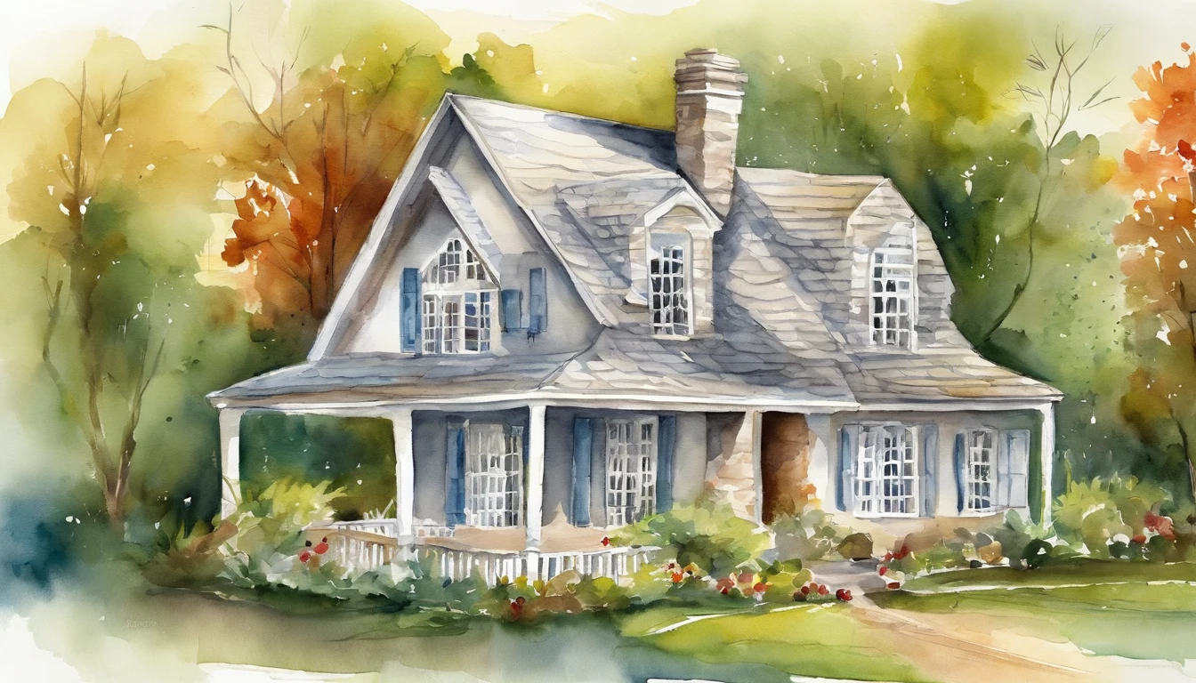 A white triangular house，There is a cross on the roof，the watercolor style