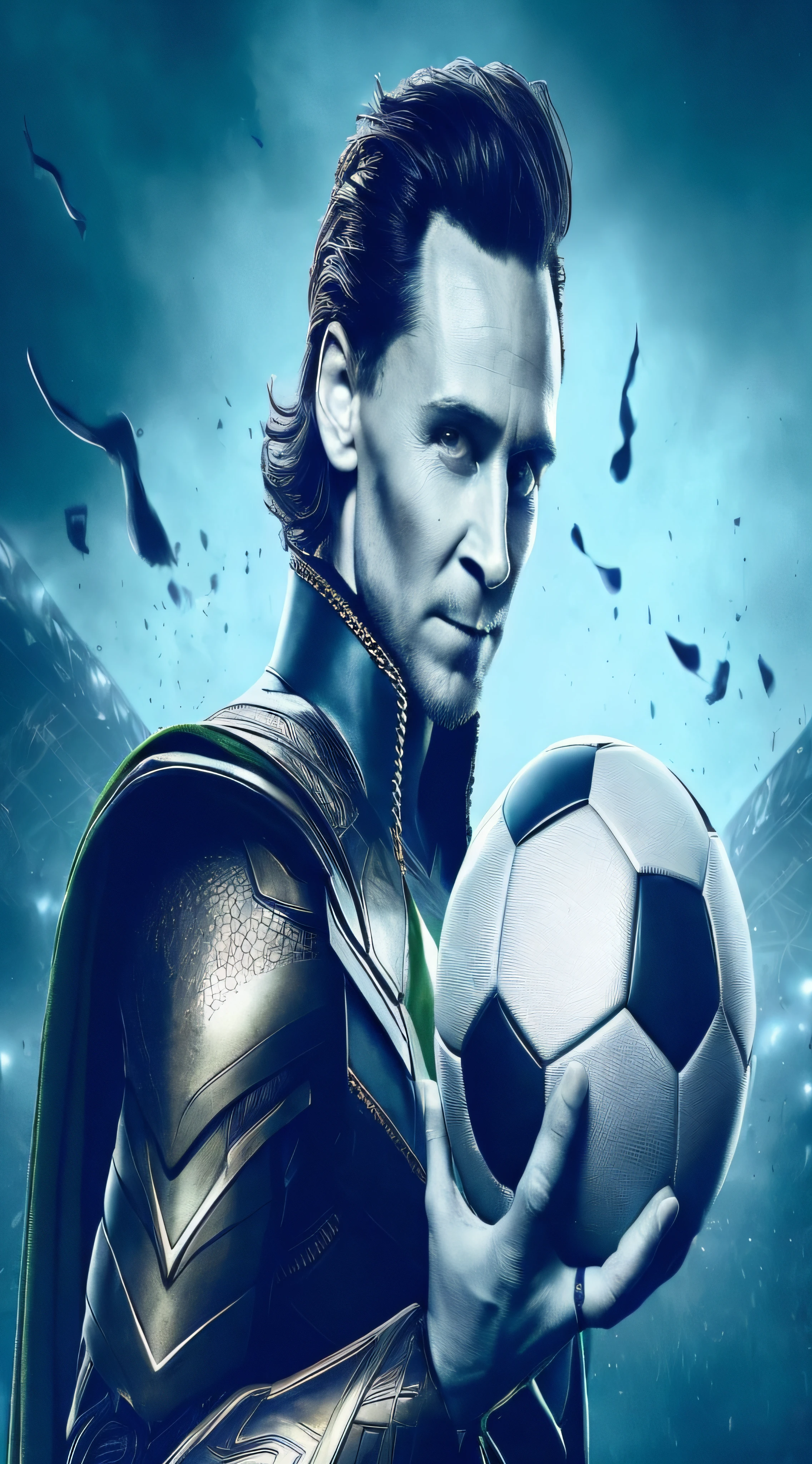 a close up of a man holding a soccer ball in a stadium, the god of mischief, loki portrait, messi as a viking, still from loki ( 2 0 2 1 ), official fan art, fan art, loki, asgardian, loki horns, cristiano ronaldo as batman, jon tron as loki in the avengers, official fanart, 8k hq, portrait shot