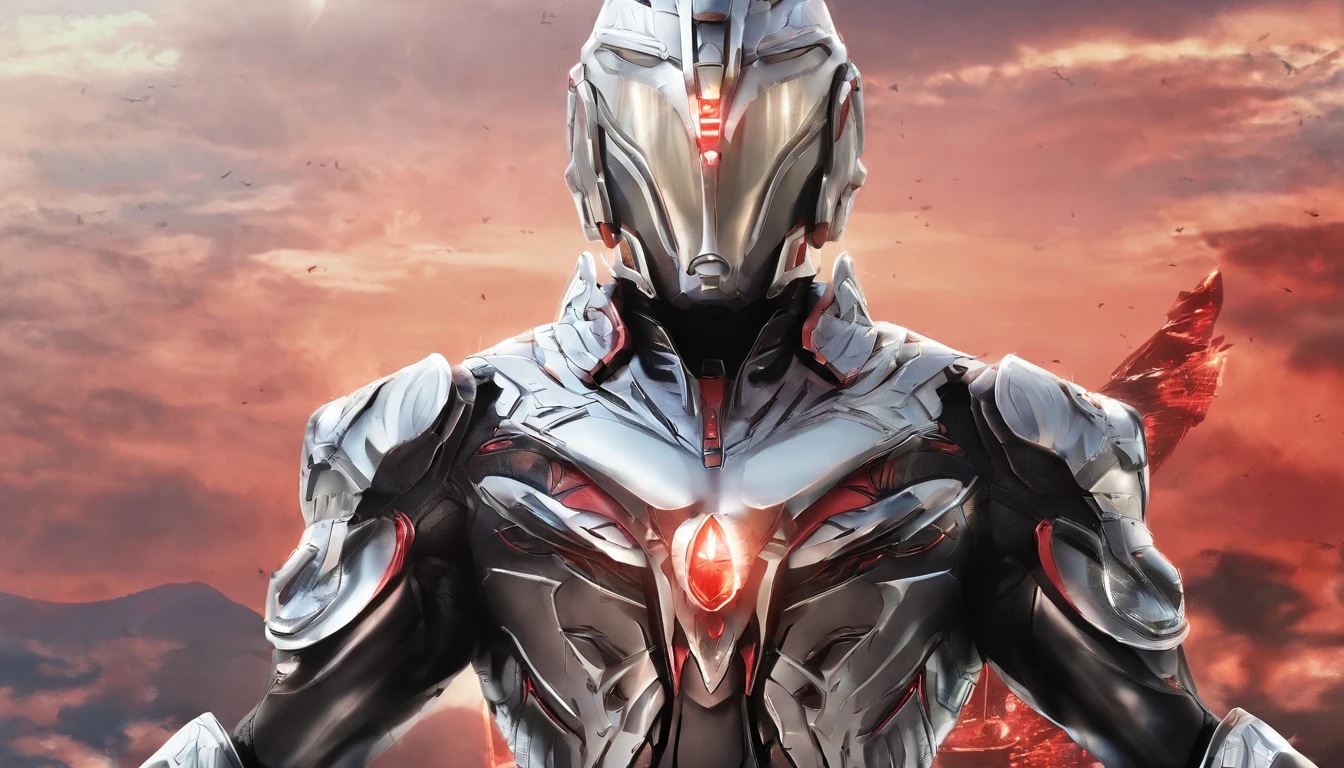 [ Amazing | astounding | delicated ] [Visually inspect the audience]Ultraman&#39;s character statue ， （Best quality， tmasterpiece）， 1人， looking at viewert， face guard ， City smoke background， upper part of body， Contemporary，Ultraman Tiga clothing。[dot paper effect]