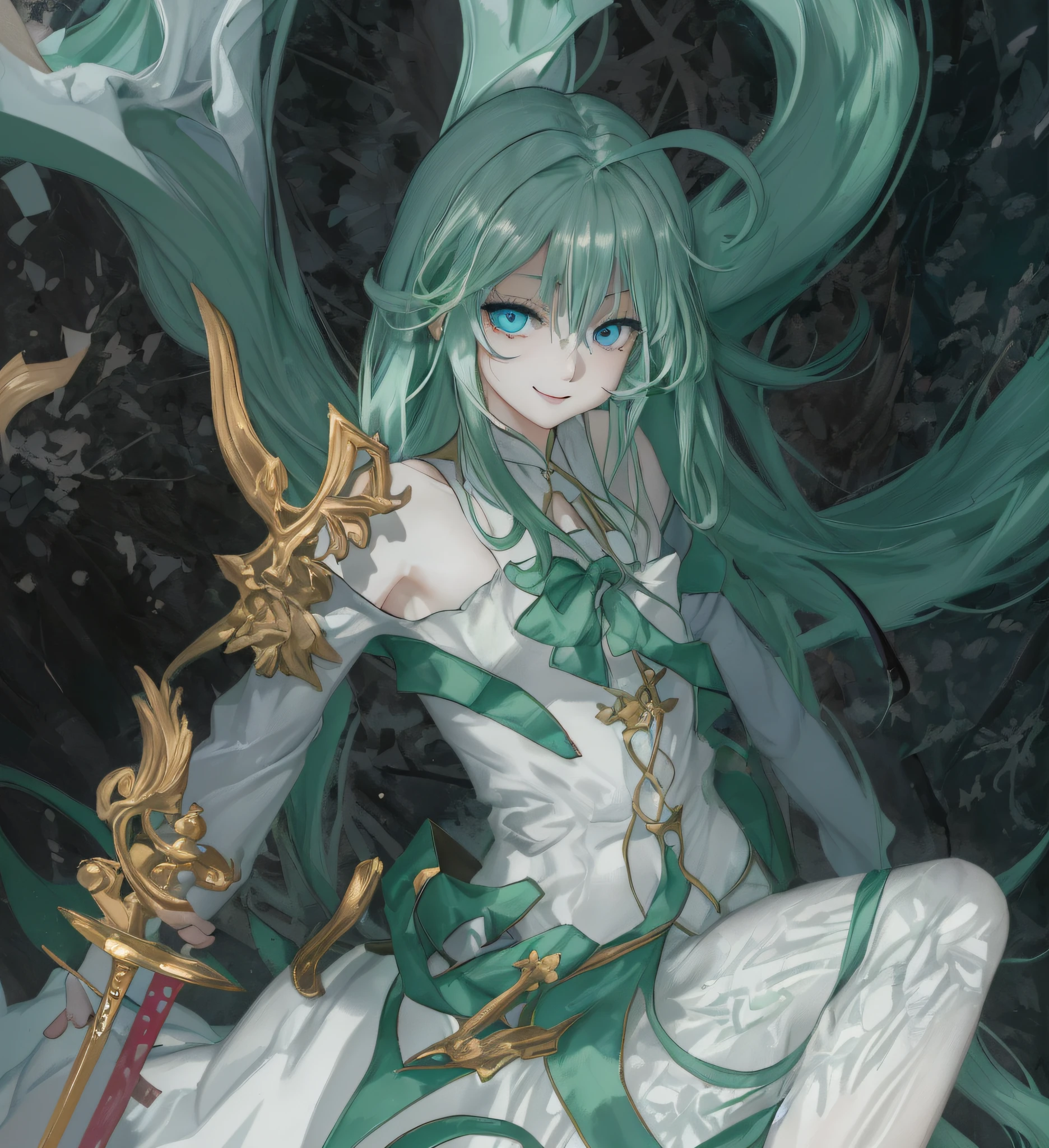 Highlights in the eyes、Pastel green hair、off shoulders、Formal white and red dress、Light blue eyes、swordsmen、Straight Long Hairstyles、ssmile、Detailed eyes