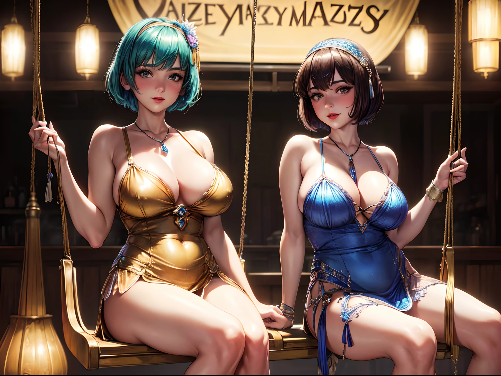 (best quality,4k,highres,masterpiece:1.2),ultra-detailed,realistic, HDR, professional, vibrant colors, (1920s:1.1) flapper girl,(large-breasted), vintage clothing, swinging on a swing, speak easy, bar, (nostalgic music), (soft lighting), (charming smile), (exquisite makeup), (speakeasy crowd), (smoky atmosphere), (jazz-age:1.1) vibe