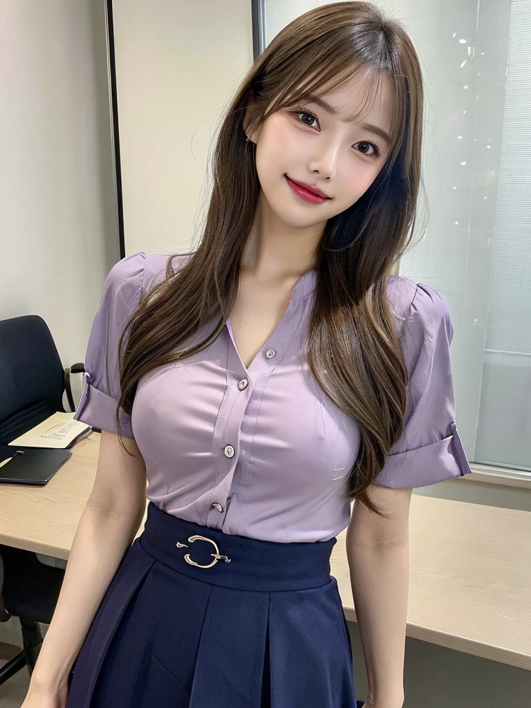 One-person viewpoint, (masutepiece:1.3), High resolution, ultra-detailliert, the Extremely Detailed CG Unity 8K Wallpapers, Realistic, Photorealsitic, Raw photo, beautifull detailed face, pale skin, realistic glistening skin, Detailed Cloth Texture, detailed hair texture, Perfect body, Beautiful face, 准确, Anatomically correct, Highly detailed face and skin texture, Natural neck length, (Beautiful hands), (Fair skin:1.2), thin legs, Thin feet, 
BREAK, 
Detailed eyes, symmetrical eye, Light brown eyes, Double eyelids, Thin eyebrows, (Glossy lips:1.4), ((gently smiling:1.2)), (blush:1.1),
BREAK, 
(Classy and cute girl:1.3), (Wear elegant clothes (Light purple) Button shirt:1.2), ((navy) Long skirt with irregular hem:1.2), Close the button, (Long skirt), 
medium breasts, (Slender figure:1.1), Firm abs, Beautiful collarbone, 
(Dark blonde hair, Wavy Hair, Long hair:1.2), ((asymmetrical bangs:1.2)), 
BREAK, 
(Gently extend one hand diagonally down:1.2), 
((In a modern office in Japan)), (Cowboy Shot:1.2), Looking at Viewer, View from a little below,