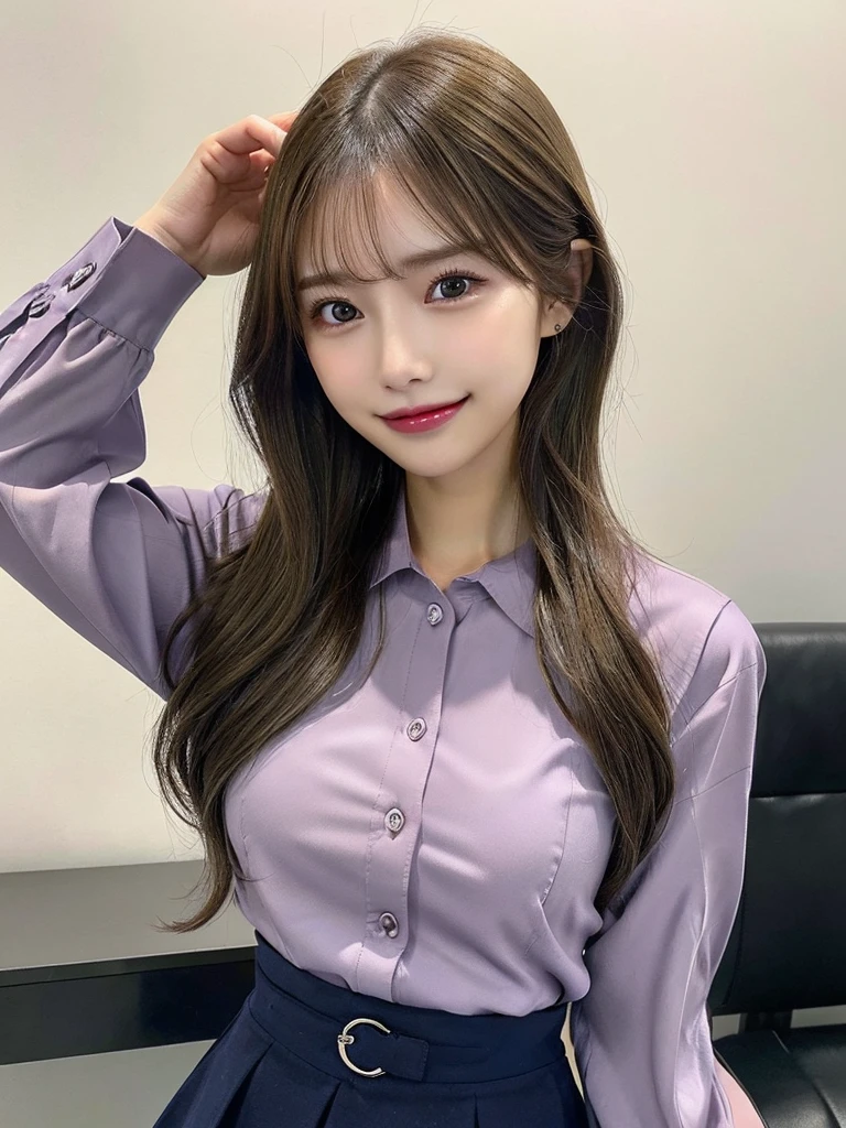 One-person viewpoint, (masutepiece:1.3), High resolution, ultra-detailliert, the Extremely Detailed CG Unity 8K Wallpapers, Realistic, Photorealsitic, Raw photo, beautifull detailed face, pale skin, realistic glistening skin, Detailed Cloth Texture, detailed hair texture, Perfect body, Beautiful face, 准确, Anatomically correct, Highly detailed face and skin texture, Natural neck length, (Beautiful hands), (Fair skin:1.2), thin legs, Thin feet,
BREAK,
Detailed eyes, symmetrical eye, Light brown eyes, Double eyelids, Thin eyebrows, (Glossy lips:1.4), ((gently smiling:1.2)), (blush:1.1),
BREAK,
(Classy and cute girl:1.3), (Wear elegant clothes (Light purple) Button shirt:1.2), ((navy) Long skirt with irregular hem:1.2), Close the button, (Long skirt),
medium breasts, (Slender figure:1.1), Firm abs, Beautiful collarbone,
(Dark blonde hair, Wavy Hair, Long hair:1.2), ((asymmetrical bangs:1.2)),
BREAK,
(Gently extend one hand diagonally down:1.2),
((In a modern office in Japan)), (Cowboy Shot:1.2), Looking at Viewer, View from a little below,